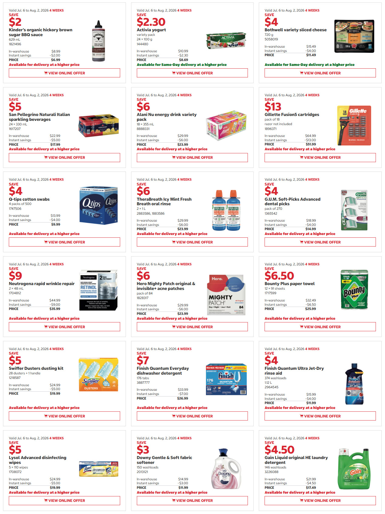 Costco flyer page 5 features savings on a variety of household and personal care items. Highlights include Kinder's organic hickory brown BBQ sauce for $6.99, Activia yogurt variety pack for $8.69, and Bothwell variety sliced cheese for $11.49. San Pellegrino Natural Italian sparkling beverages are $17.99, and Alani Nu energy drink variety pack is $23.99. Q-tips cotton swabs are $9.99, and Therabreath Icy Mint Fresh Breath oral rinse is $23.99. Gillette Fusion5 cartridges are $51.99. Neutrogena rapid wrinkle repair is $35.99, and Hero Mighty Patch original & invisible+ acne patches are $23.99. Bounty Plus paper towel is $25.99. Swiffer Dusters dusting kit is $19.99, Finish Quantum Everyday dishwasher detergent is $26.99, and Finish Quantum Ultra Jet-Dry rinse aid is $11.99. Lysol Advanced disinfecting wipes are $19.99, Downy Gentle & Soft fabric softener is $11.99, and Gain Liquid original HE laundry detergent is $17.49.