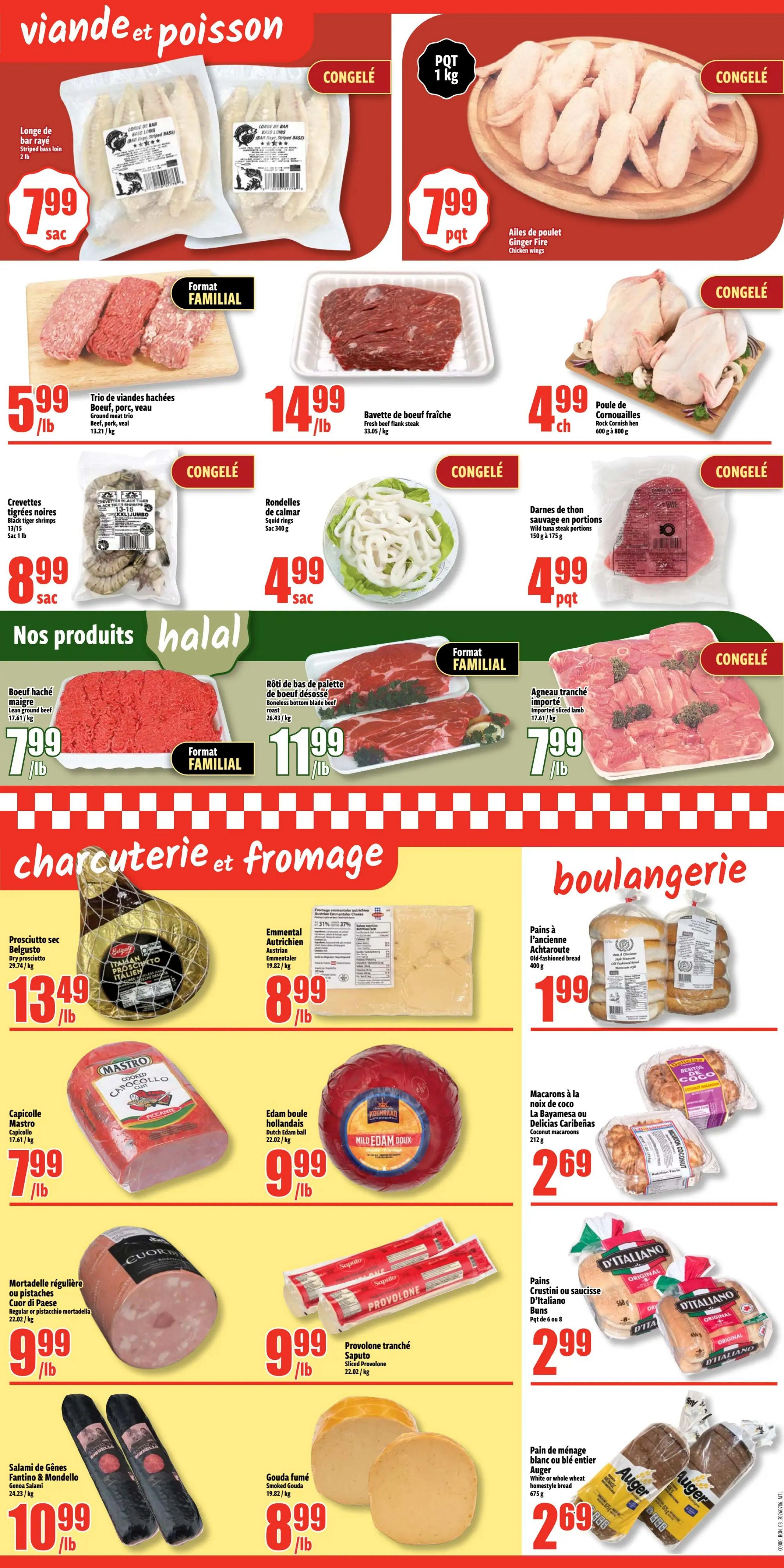 Bonanza weekly flyer specials page 3 features a variety of meats, cheeses, and bakery items. Frozen options include Striped Bass loin for $7.99 per bag, and Ginger Fire Chicken Wings for $7.99 per package. Fresh meat deals include Ground meat trio (beef, pork, veal) for $5.99/lb, Fresh beef flank steak for $14.99/lb, and Whole Cornish hens for $4.99 each. Other frozen items are Tiger shrimps for $8.99 per bag, Squid rings for $4.99 per bag, and Wild tuna steak portions for $4.99 per package. Halal products include Lean ground beef for $7.99/lb, Boneless bottom blade beef roast for $11.99/lb, and Imported sliced lamb for $7.99/lb. Deli and cheese selections feature Belgo prosciutto sec for $13.49/lb, Austrian Emmental cheese for $8.99/lb, Mastro Capicollo for $7.99/lb, Dutch Edam ball for $9.99/lb, Regular or pistachio mortadella for $9.99/lb, Saputo sliced provolone for $9.99/lb, Fantino & Mondello Genoa salami for $10.99/lb, and Smoked Gouda for $8.99/lb. Bakery items include Old-fashioned bread for $1.99, Coconut macarons for $2.69, D'Italiano crusty or original buns for $2.99, and Auger whole wheat homestyle bread for $2.69.