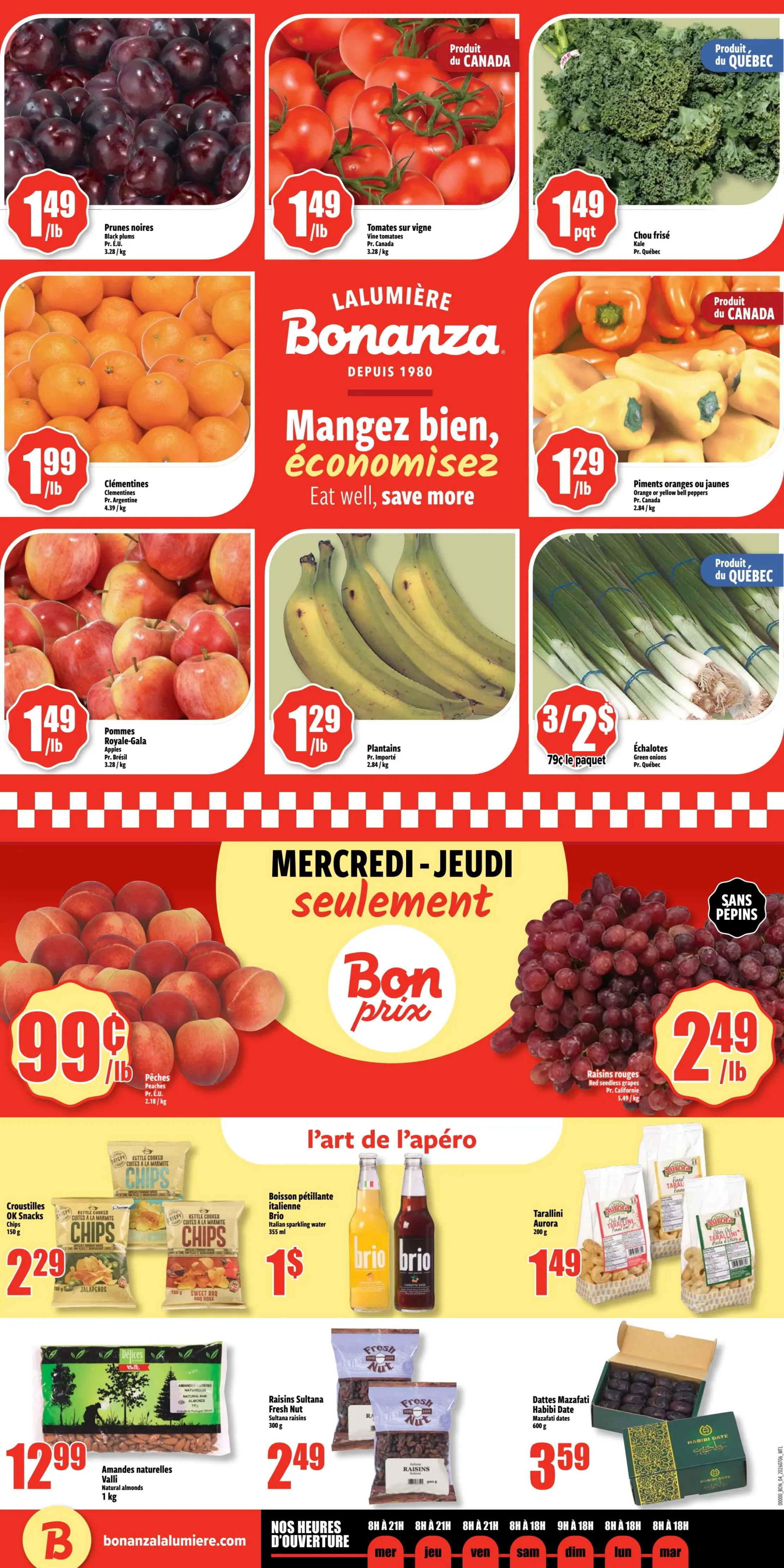 Bonanza weekly flyer specials page 4. Featured produce includes Black plums for $1.49/lb, Vine tomatoes for $1.49/lb, Kale for $1.49/pkt, Clementines for $1.99/lb, Orange or yellow bell peppers for $1.29/lb, Royal Gala apples for $1.49/lb, Plantains for $1.29/lb, and Green onions for 3 for $2.00 ($0.79 each). Special offer on Peaches for $0.99/lb, valid Wednesday-Thursday only. Red seedless grapes are $2.49/lb. 'Appetizer' section includes OK Snacks chips for $2.29/bag, Brio Italian sparkling water for $1/bottle, Tarallini Aurora for $1.49/bag, Sultana raisins for $2.49/bag, and Mazafati dates for $3.59/box. Natural almonds (Valli) are $12.99/kg. Store hours are listed at the bottom.