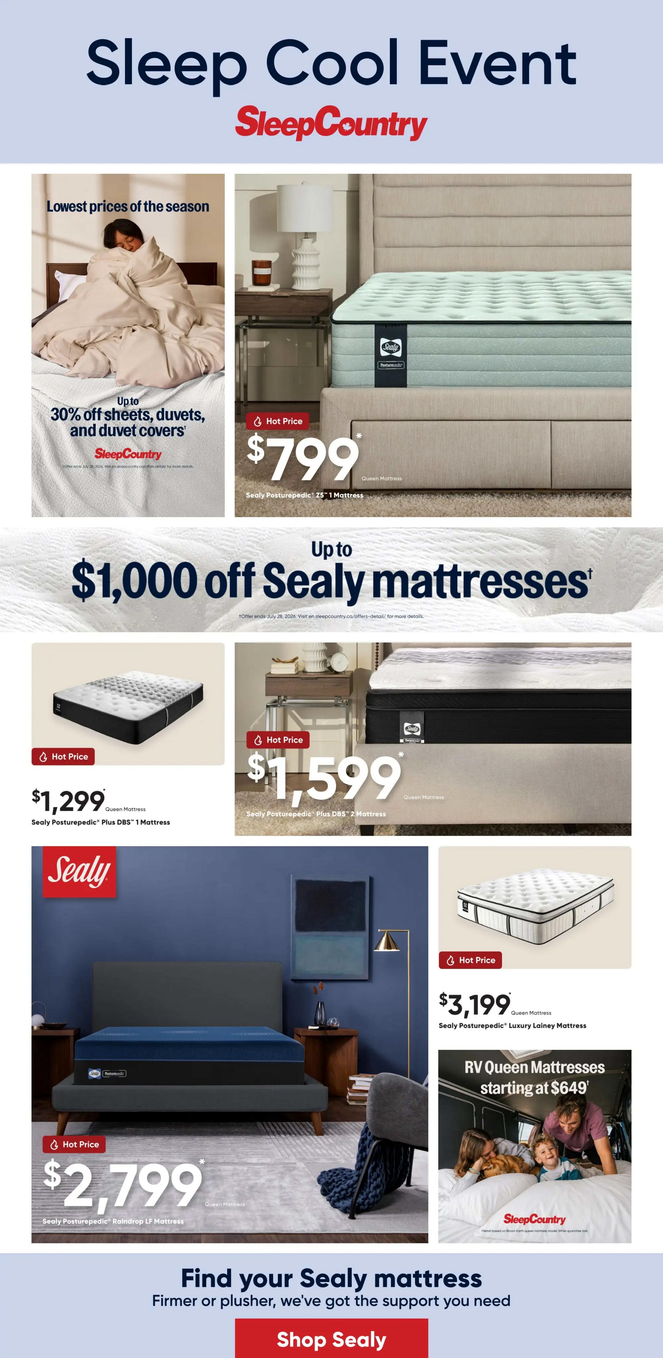 Sleep Country 'Sleep Cool Event' flyer page featuring lowest prices of the season. Get up to 30% off sheets, duvets, and duvet covers. Featured mattresses include the Sealy Posturepedic 15' Mattress for $799, Sealy Posturepedic Plus DBS 1 Mattress for $1,299, and Sealy Posturepedic Plus DBS 2 Mattress for $1,599. Also, save up to $1,000 on Sealy mattresses. The Sealy Posturepedic Luxury Lainey Mattress is available for $3,199, and the Sealy Posturepedic Raindrop LF Mattress is priced at $2,799. RV Queen Mattresses start at $649. The page encourages shoppers to 'Find your Sealy mattress' and offers a 'Shop Sealy' button.