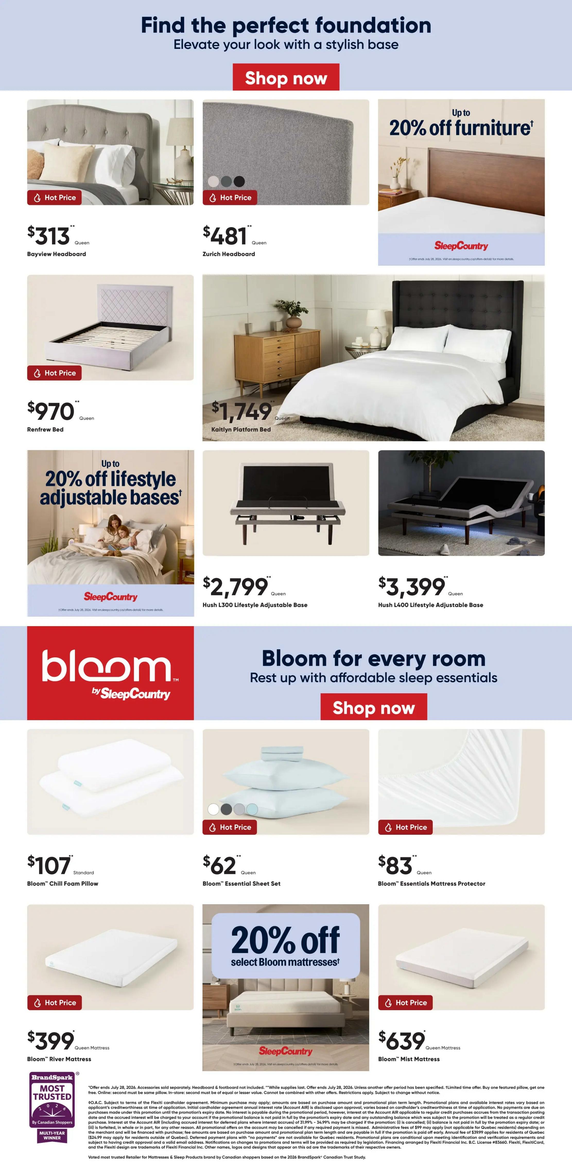 Sleep Country flyer page 4 features a 'Find the perfect foundation' theme. Offers include the Bayview Headboard for $313, Zurich Headboard for $481, Renfrew Bed for $970, and Kaitlyn Platform Bed for $1,749. There is also up to 20% off furniture and up to 20% off lifestyle adjustable bases. Featured adjustable bases are the Hush L300 Lifestyle Adjustable Base for $2,799 and the Hush L400 Lifestyle Adjustable Base for $3,399. The 'Bloom for every room' section highlights Bloom by Sleep Country products: Bloom® Chill Foam Pillow for $107, Bloom® Essential Sheet Set for $62, and Bloom® Essentials Mattress Protector for $83. Additionally, there is 20% off select Bloom mattresses, with the Bloom® River Mattress priced at $399 and the Bloom® Mist Mattress for $639. The page also includes a 'BrandSpark Most Trusted' multi-year winner badge.