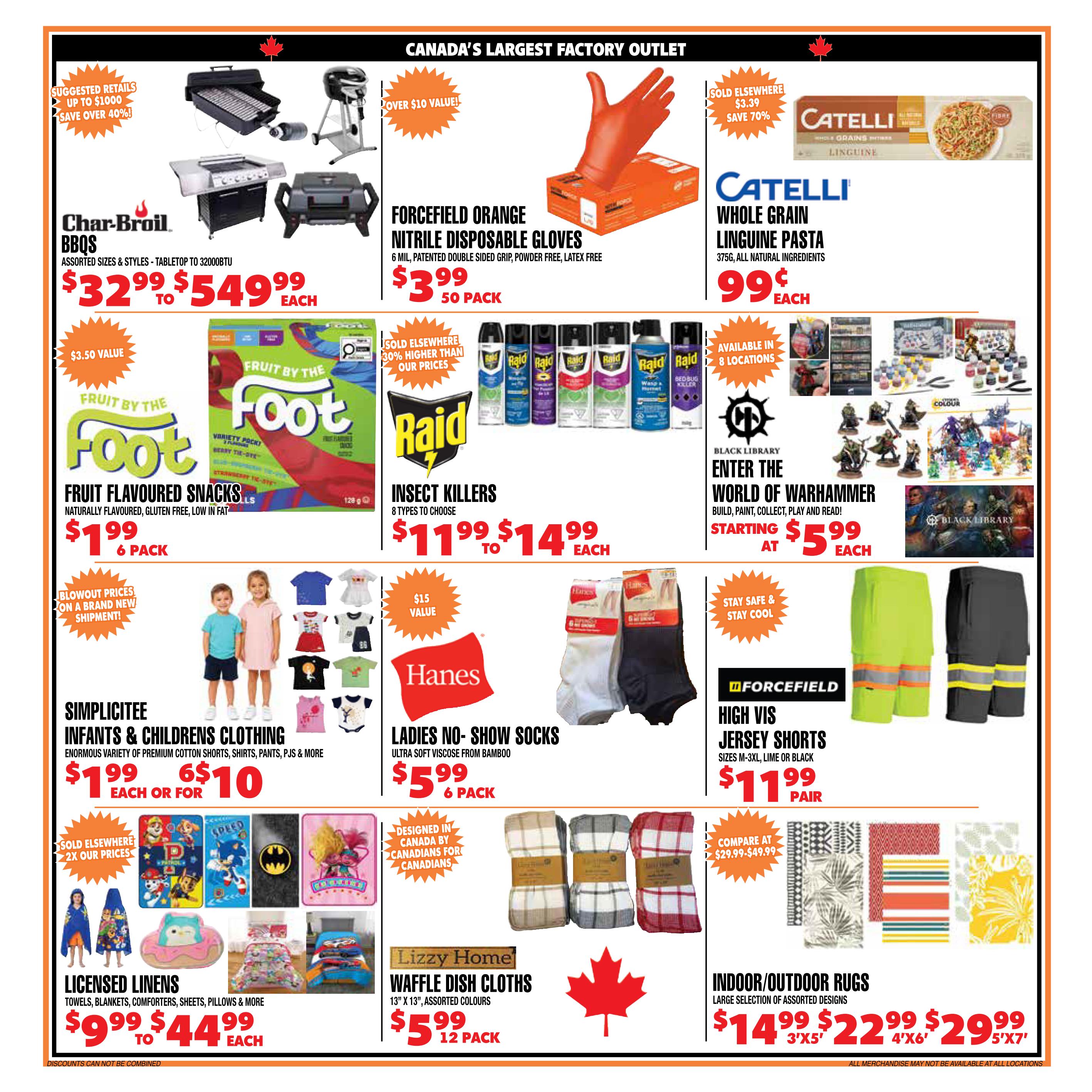 Len's Mill Stores flyer specials page 2 features Char-Broil BBQs starting at $32.99 to $549.99 each, with suggested retail up to $1000 and savings over 40%. Also available are Forcefield Orange Nitrile Disposable Gloves, 50 pack for $3.99, and Catelli Whole Grain Linguine Pasta, 375g, for only 99 cents each. Raid Insect Killers are on sale for $11.99 to $14.99 each, with 8 types to choose from. Fruit by the Foot flavoured snacks, 6 pack, are $1.99. Simplicitee Infants & Childrens Clothing, including shorts, shirts, pants, and PJs, are $1.99 each or 6 for $10. Hanes Ladies No-Show Socks, 6 pack, are $5.99. Forcefield High Vis Jersey Shorts are $11.99 per pair. Licensed Linens, including towels, blankets, comforters, sheets, and pillows, range from $9.99 to $44.99 each. Lizzy Home Waffle Dish Cloths, 13' x 13', assorted colours, 12 pack, are $5.99. Indoor/Outdoor Rugs in a large selection of assorted designs are available in sizes 3'x5' for $14.99, 4'x6' for $22.99, and 5'x7' for $29.99. Also featured is Black Library's 'Enter the World of Warhammer' starting at $5.99 each.