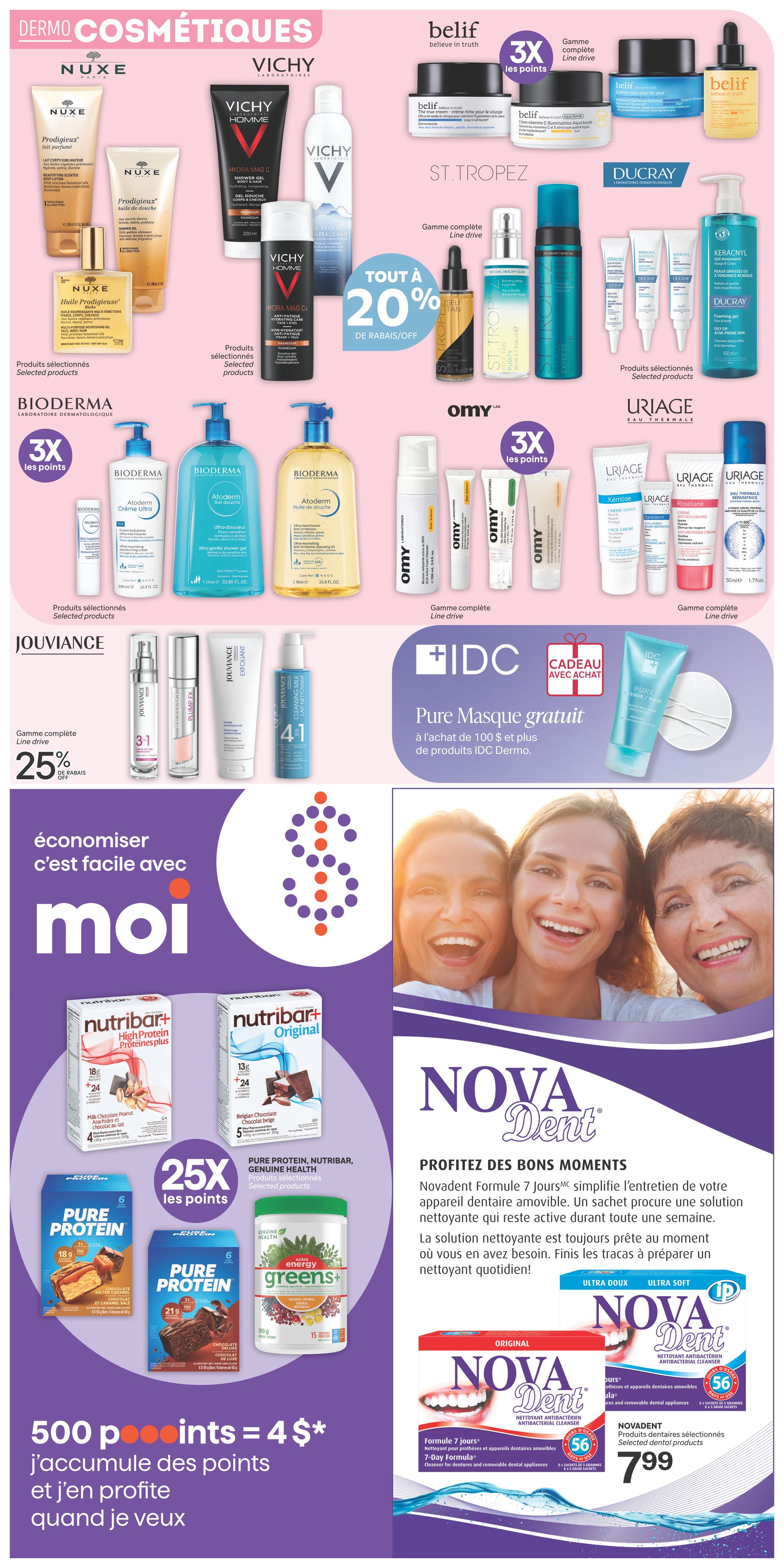 Brunet weekly flyer specials page 4 features a wide selection of dermo-cosmetics. Brands include Nuxe with Prodigieux products, Vichy with Hydra Mag C shower gel and thermal water, and St. Tropez self tanners. Belif skincare products like The True Cream and Moisturizing Eye Bomb are available with 3X the points. Ducray Keracnyl products are also featured. Bioderma Atoderm products, including cleansing oil, shower gel, and body oil, offer 3X the points. Jouvance offers a line with 25% off. IDC Dermo offers a free Pure Mask with a purchase of $100 or more in IDC Dermo products. The page also highlights Nutribar+ High Protein and Original bars, with 25X the points on selected Nutribar, Pure Protein, and Genuine Health products like Extra Energy Greens+. Accumulate 500 points for $4. Nova Dent antibacterial cleanser for dentures and dental appliances is on special for $7.99.