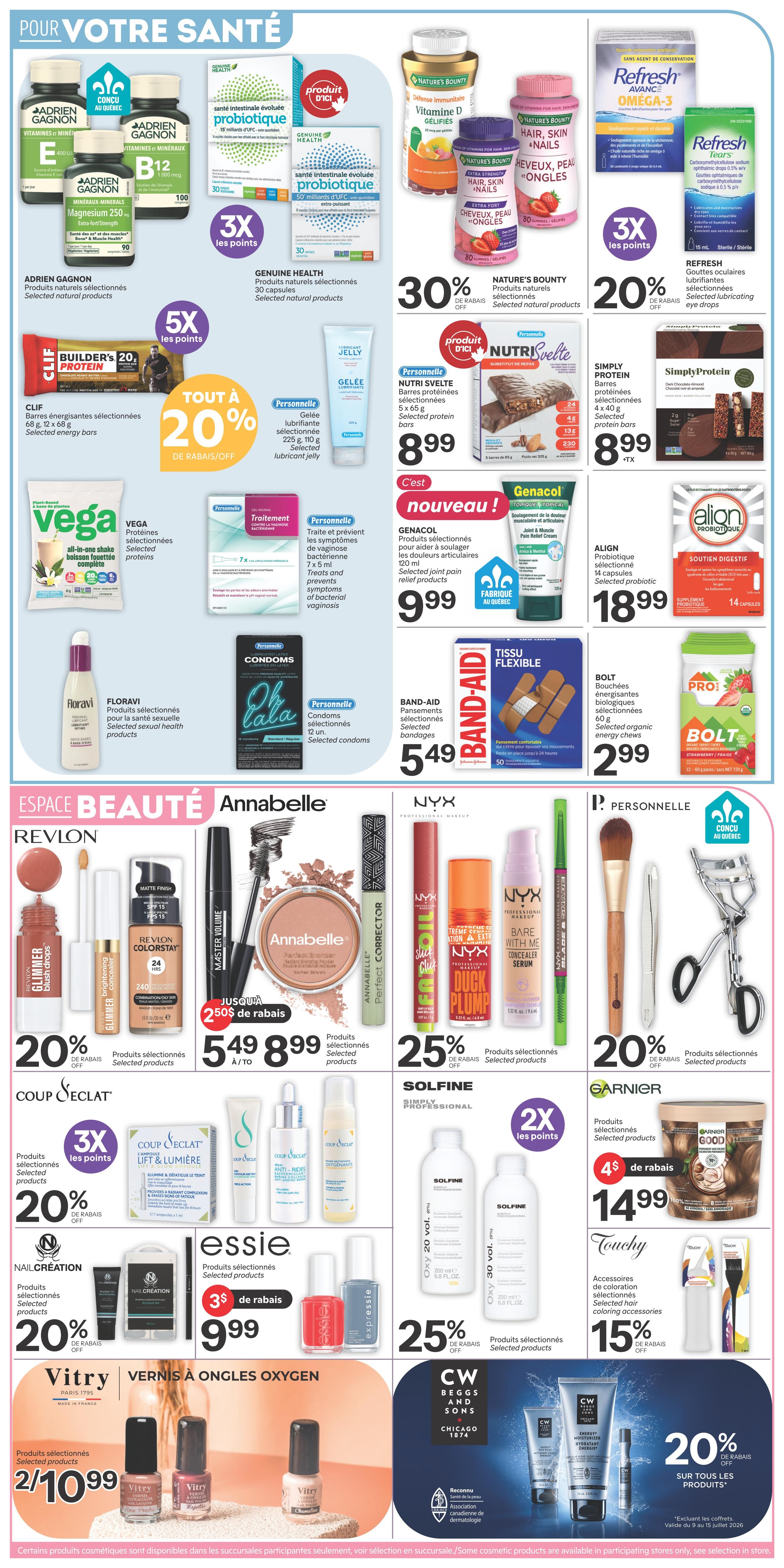 Brunet weekly flyer specials page 6 features health and beauty products. Health section includes Adrien Gagnon Magnesium 250 Extra-Fort Strength, Genuine Health Probiotic+ capsules with 3X points, Nature's Bounty Vitamin D and Hair, Skin + Nails with 30% off, Refresh Omega-3 and Refresh Tears with 20% off. Also featured are CLIF Builder's Protein energy bars with 5X points, Vega protein powders, Personnelle lubricant jelly, Nutri Svelte protein bars for $8.99, Simply Protein bars for $8.99, Genacol joint pain relief products for $9.99, Align probiotic supplements for $18.99, and Band-Aid flexible bandages for $5.49. The beauty section showcases Revlon Colorstay makeup with 20% off, Annabelle cosmetics with a special offer of $5.49 to $8.99, NYX Professional Makeup with 25% off, and Personnelle makeup brushes and curlers with 20% off. Other beauty deals include Coup d'éclat Lift & Lumière products with 3X points and 20% off, NailCréation products with 20% off, Essie nail polish for $9.99 with 3$ off, Solfine professional hair products with 25% off, and Vitry Oxygen nail polish 2 for $10.99. Garnier Good hair products have $4 off, making them $14.99. Touchy hair coloring accessories are 15% off. CW Beggs and Sons skincare products are 20% off all products.