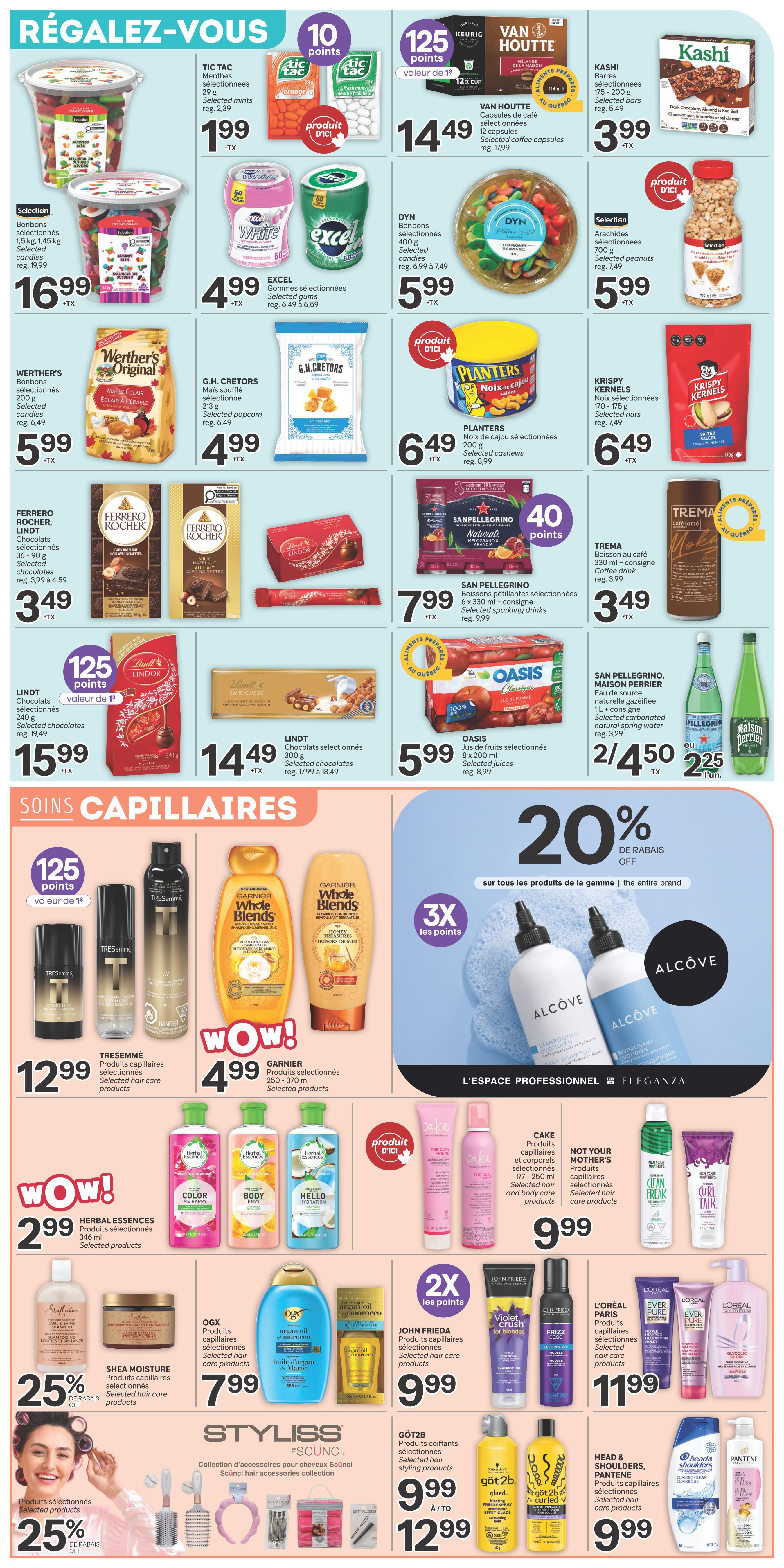 Brunet Weekly Flyer Specials Page 7 features a 'Treat Yourself' section with various candies and snacks. Highlights include Selection candies for $16.99, Werther's Original candies for $5.99, Ferrero Rocher and Lindt chocolates starting at $3.49, and Lindt chocolates for $15.99. Also featured are Tic Tac mints for $1.99, Excel gums for $4.99, Dyn candies for $5.99, G.H. Cretors popcorn for $4.99, Planters selected nuts for $6.49, and Krispy Kernels for $6.49. Beverages include Van Houtte coffee capsules for $14.49, San Pellegrino sparkling drinks for $7.99, and Trema coffee drink for $3.49. Oasis juices are $5.99, and San Pellegrino sparkling spring water is 2 for $4.50. The flyer also showcases a 'Hair Care' section with a 20% discount on the entire Alcove brand. Featured hair care products include Tresemmé for $12.99, Garnier Whole Blends for $4.99, Herbal Essences for $2.99, Shea Moisture with 25% off, OGX for $7.99, John Frieda for $9.99, L'Oréal Paris for $11.99, Styliss Scunci hair accessories, Göt2b styling products for $9.99 to $12.99, and Head & Shoulders and Pantene for $9.99. Many products offer bonus points.