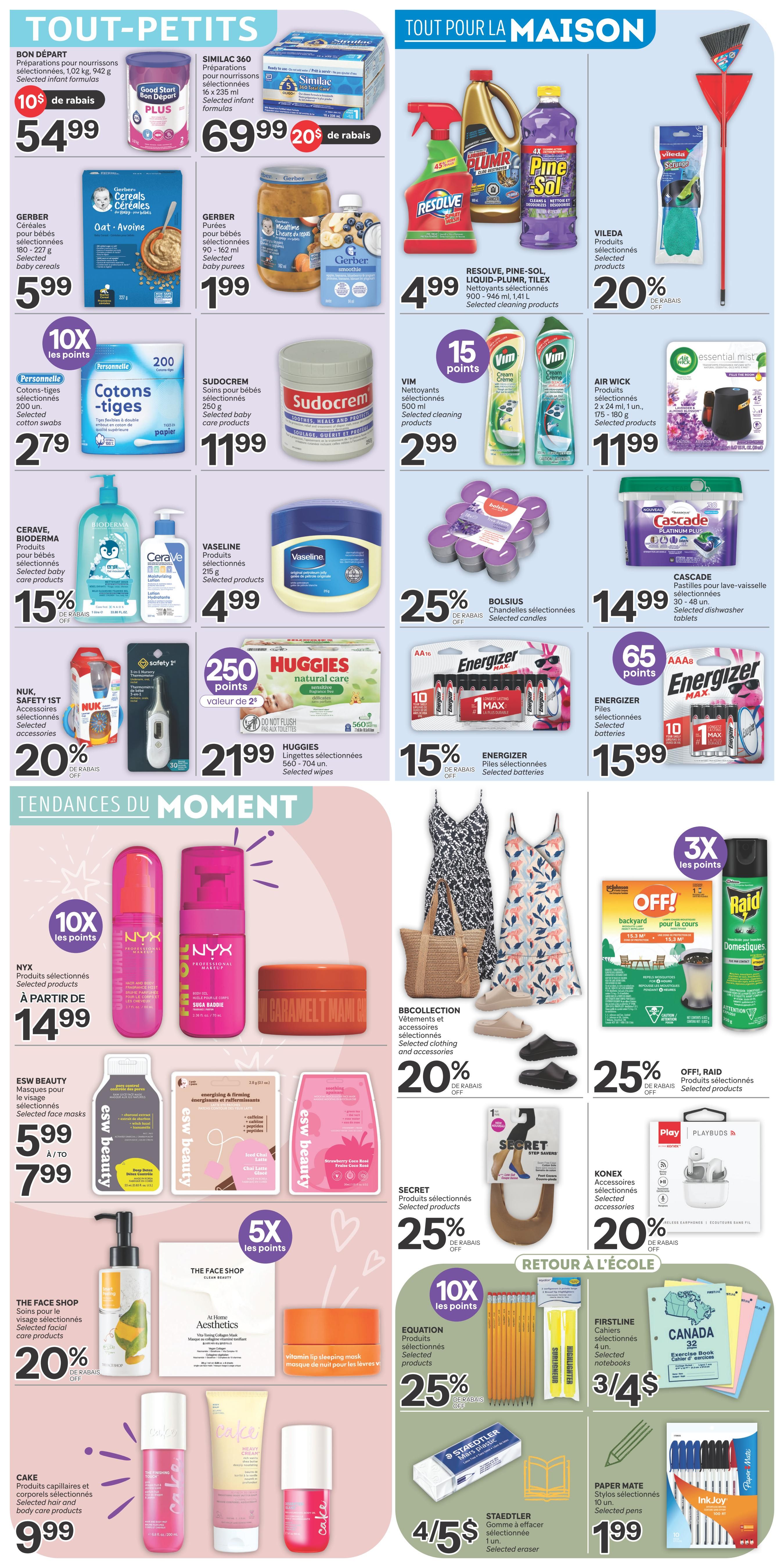 Brunet weekly flyer specials page 8 features 'Tout-Petits' (For Little Ones) and 'Tout Pour La Maison' (Everything For The Home) sections. In the 'Tout-Petits' section, find Bon Départ infant formula for $54.99, Similac 360 formula for $69.99 with a $20 discount, Gerber cereals for $5.99, Gerber baby food purees for $1.99, Sudocrem baby cream for $11.99, and Huggies selected wipes for $21.99. Also featured are Cerave and Bioderma baby care products at 15% off, and Nuk safety 1st selected accessories at 20% off. The 'Tout Pour La Maison' section includes Resolve, Pine-Sol, and Tilex cleaning products for $4.99, Vileda selected cleaning products at 20% off, Vim cleaning products with 15 bonus points for $2.99, and Air Wick selected products for $11.99. Other home items include Bolsius selected candles at 25% off and Cascade dishwasher tablets for $14.99. Energizer selected batteries are on sale for $15.99 with 65 bonus points. The 'Tendances Du Moment' (Trends of the Moment) section showcases NYX selected products starting at $14.99 with 10x points, ESW Beauty selected face masks from $5.99 to $7.99, The Face Shop selected facial care products at 20% off, and Cake hair and body care products for $9.99. Also in trends are BBCollection selected clothing and accessories at 20% off, Raid selected products at 25% off, and Konex selected accessories at 20% off. The 'Retour à L'école' (Back to School) section offers Equation selected products at 25% off with 10x points, Firstline selected notebooks at 3 for $4, Staedtler selected erasers at 4 for $5, and Paper Mate selected pens for $1.99.