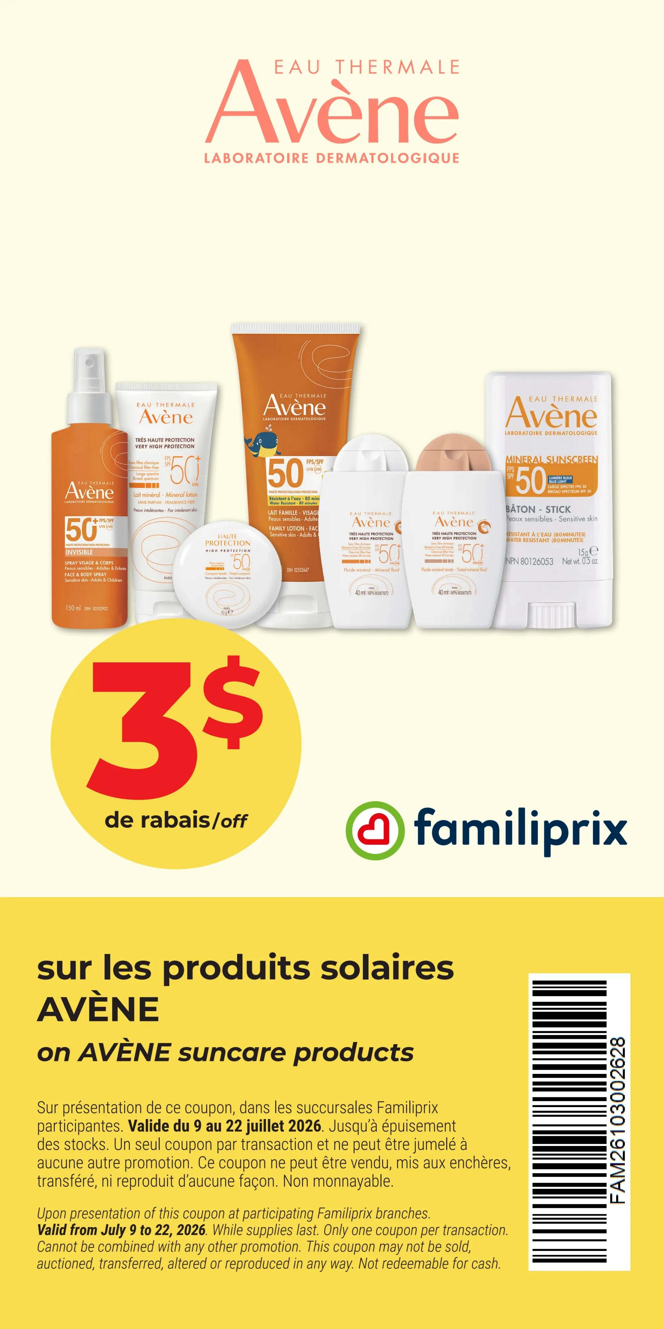 Familiprix flyer page 3 featuring Avène suncare products. Offers include $3 off on Avène suncare products, valid from July 9 to July 22, 2026. Products shown include Avène Eau Thermale Very High Protection SPF 50 Invisible Face & Body Spray (150 ml), Mineral Lotion (fragrance-free, for sensitive skin), Family Lotion (for sensitive skin), and Mineral Sunscreen Stick SPF 50. The offer is valid at participating Familiprix branches while supplies last, with one coupon per transaction and cannot be combined with other promotions.