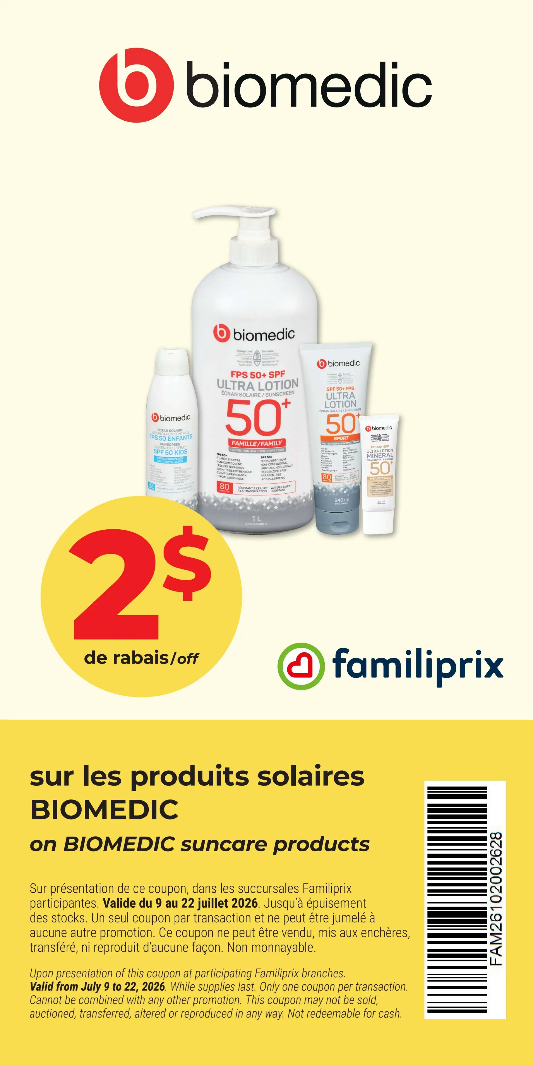 Familiprix flyer page 4 features a promotion on BIOMEDIC suncare products. Get $2 off on BIOMEDIC suncare products, valid from July 9 to July 22, 2026, while supplies last. The page displays various BIOMEDIC suncare items including BIOMEDIC FPS 50+ SPF Ultra Lotion for family, BIOMEDIC FPS 50+ SPF Ultra Lotion Sport, BIOMEDIC FPS 50 Enfants SPF 50 Kids sunscreen, and BIOMEDIC FPS 50+ SPF Ultra Mineral Lotion. The coupon details state it's valid at participating Familiprix branches, one coupon per transaction, and cannot be combined with other promotions. The coupon is not transferable, altered, reproduced, or redeemable for cash.