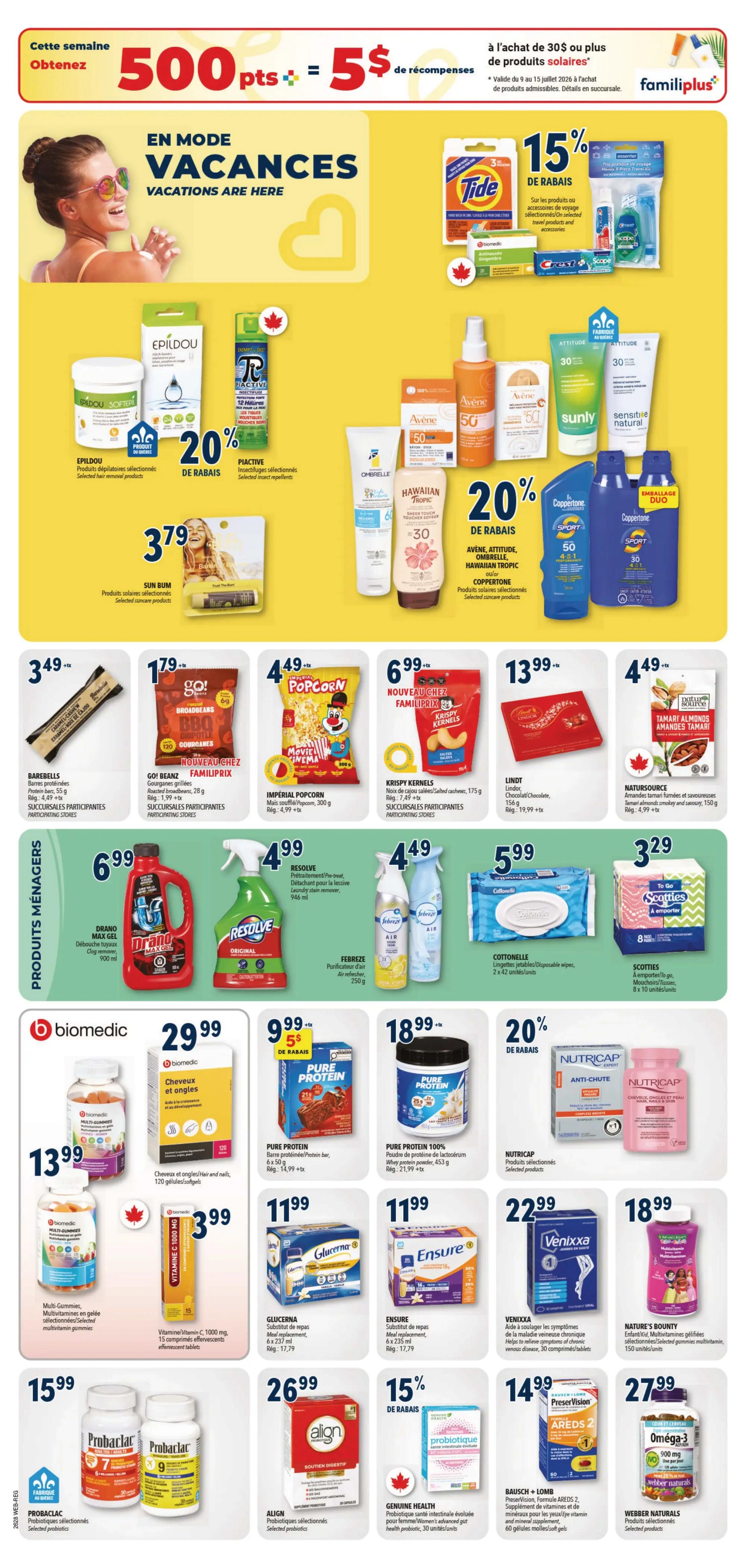 Familiprix weekly flyer specials page 8 features a 'Vacations Are Here' theme with 500 bonus points for $30+ purchases of eligible sun products. Featured items include Epildou hair removal products at 20% off, Piacctive insect repellents at 20% off, and Sun Bum sunscreen products for $3.79. Also on sale are Tide travel products and accessories at 15% off, and various sun care products from Avène, Ombrelle, Hawaiian Tropic, Coppertone, Sunly, and Sensible Natural with 20% off. Snacks include Barebells protein bars for $3.49, Go! Beanz BBQ roasted broadbeans for $1.79, Imperial Popcorn for $4.49, and Krispy Kernels salted cashews for $6.99. Lindt chocolate is $13.99 and Natursource Tamari Almonds are $4.49. Household cleaning products include Drano Max Gel for $6.99, Resolve spray for $4.49, and Febreze air freshener for $4.49. Also available are Cottonelle wipes for $5.99 and Scotties facial tissues for $3.29. Health and wellness products include Biomec Multi-Gummies for $13.99, Pure Protein bars for $9.99, Pure Protein 100% whey protein powder for $18.99, Glucerna meal replacement for $11.99, Ensure meal replacement for $11.99, Venixxa for joint pain relief for $22.99, Nature's Bounty children's gummies multivitamin for $18.99, Probarlac probiotics for $15.99, Align probiotics for $26.99, Genuine Health probiotics for 15% off, Bausch + Lomb PreserVision AREDS 2 supplements for $14.99, and Webber Naturals Omega-3 for $27.99.