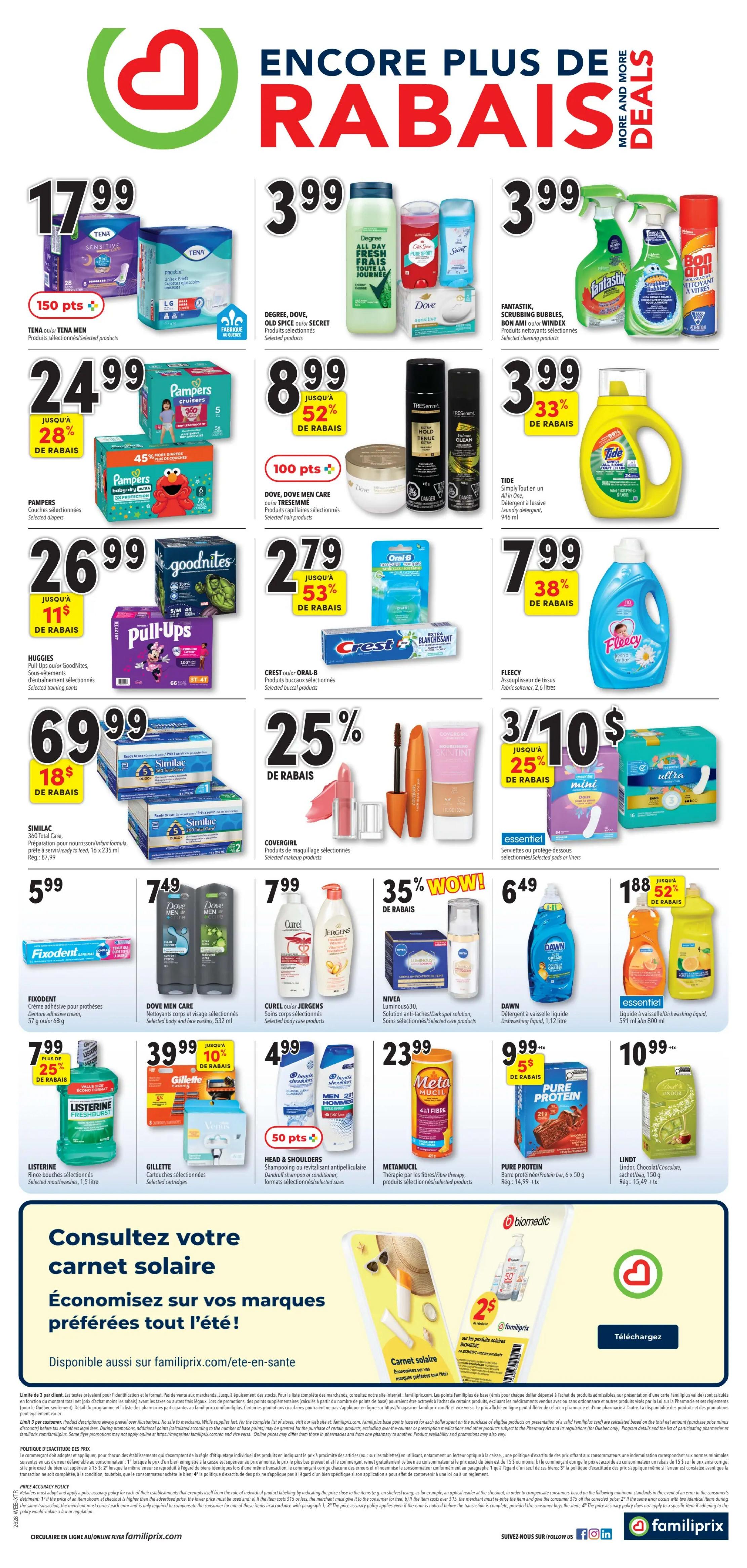 Familiprix flyer page 2 featuring a wide variety of deals and discounts. Top deals include Tena Men or Tena Select-Style products for $17.99, Degree, Dove, Old Spice, or Secret body care for $3.99, and Fantastik, Scrubbing Bubbles, or Bon Ami cleaning products for $3.99. Pampers diapers are on sale for $24.99 with up to 28% off, and Dove, Dove Men Care, or Tresemme hair products are $8.99 with up to 52% off. Huggies Pull-Ups or Goodnites are $26.99 with up to $11 off, and Crest or Oral-B dental products are $2.79 with up to 53% off. Similac 360 Total Care is $69.99 with $18 off. Covergirl makeup products are 25% off. Tide laundry detergent is $3.99 with 33% off. Fleecy fabric softener is $7.99 with 38% off. Essential mini pads or panty liners are 3 for $10 with 25% off. Fixodent denture cream is $5.99. Dove Men Care body wash is $7.49. Curel or Jergens body care is $7.99. Nivea skincare is $7.99 with 35% off. Dawn dish soap is $6.49. Essential dish soap is $1.88 with 52% off. Listerine mouthwash is $7.99 with 25% off. Gillette cartridges are $39.99 with 10% off. Head & Shoulders shampoo or conditioner is $4.99. Metamucil is $23.99. Pure Protein bars are $9.99 with $5 off. Lindt chocolate is $10.99. The page also promotes consulting your solar carnet for savings and offers a downloadable app.