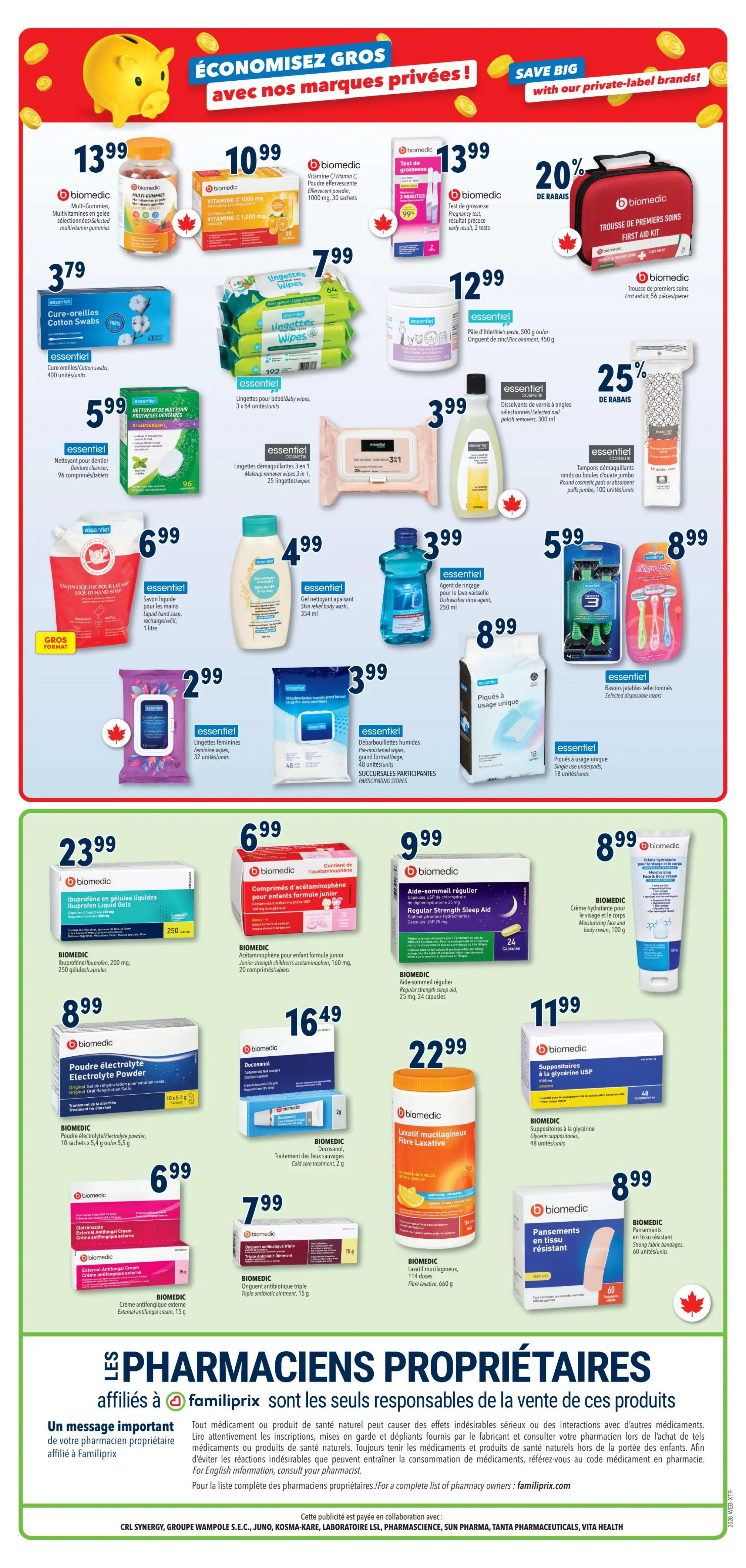 Familiprix flyer page 5 features savings on private-label brands. Top row includes Biomedic Multi-Gummies for $13.99, Biomedic Vitamin C powder for $10.99, and a Biomedic Pregnancy Test for $13.99 with a 99% discount. Also featured is a Biomedic First Aid Kit for $13.99 with a 20% discount. Middle row offers Cure-ear swabs for $3.79, a 3-pack of baby wipes for $7.99, and a large size of zinc and vitamin E cream for $12.99. Below that, find essential brand mint dental cleansers for $5.99, essential brand 3-in-1 makeup remover wipes for $3.99, and essential brand round cosmetic pads for $3.99. The next row showcases essential brand liquid hand soap in a large format for $6.99, essential brand soothing body wash for $4.99, and essential brand dish soap for $3.99. Bottom row displays essential brand feminine wipes for $2.99, essential brand pre-moistened wipes for $3.99, and Biomedic Ibuprofen liquid gels for $23.99. Further down, Biomedic children's acetaminophen is $6.99, Biomedic regular strength sleep aid is $9.99, and Biomedic moisturizing face and body cream is $8.99. The bottom section highlights Biomedic electrolyte powder for $8.99, Biomedic Doconazol for $16.49, Biomedic laxative fibre for $22.99, Biomedic triple antibiotic ointment for $7.99, and Biomedic adhesive bandages for $8.99. The page also includes a message about affiliated pharmacists being responsible for the sale of these products.
