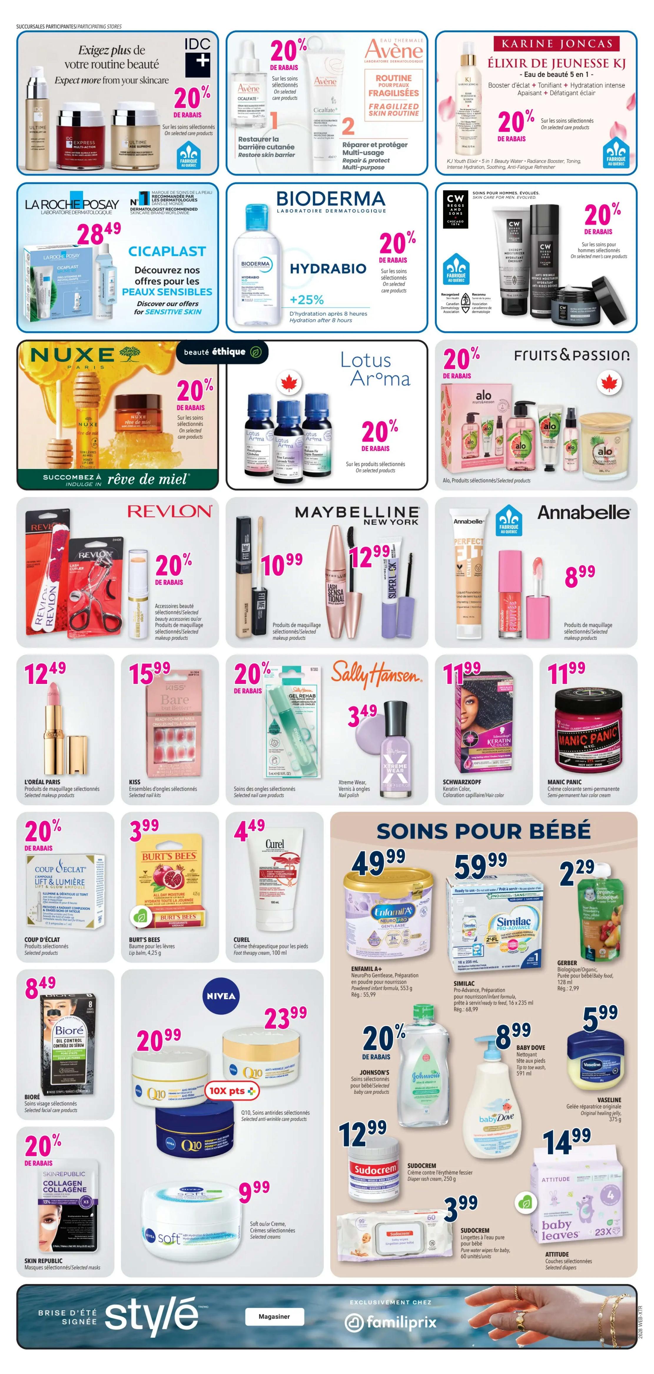 Familiprix flyer page 7 featuring a wide range of beauty and baby care products. Top row includes IDC Dermo, Avène, and Karine Joncas skincare with 20% off selected items. Bioderma Hydrabio offers +25% hydration. Nuxe Rêve de Miel and Lotus Aroma products are also featured with 20% off. Fruits & Passion Alo products are on sale. Middle row showcases Revlon makeup accessories at 20% off, Maybelline New York mascaras and foundations starting at $10.99, and Annabelle makeup products for $8.99. Sally Hansen nail polish and Xtreme Wear products are available. Schwarzkopf hair colour and Manic Panic semi-permanent hair colour cream are also shown. Lower section features L'Oréal Paris makeup for $12.49, Kiss nail kits for $15.99, and Sally Hansen nail care products. Burt's Bees lip balm for $3.99, Curel foot therapy cream for $4.49, and Coup d'éclat selected products. Biore Oil Control facial care for $8.49. Nivea Q10 anti-wrinkle care products are $20.99 and $23.99. Soft creams are $9.99. Baby care section includes Enfamil A+ NeuroPro Gentlease formula for $49.99, Similac Pro-Advance formula for $59.99, and Gerber organic baby food for $2.29. Johnson's baby care products are 20% off. Sudocrem diaper rash cream is $12.99 and baby water wipes are $3.99. Baby Dove lotion is $8.99. Vaseline original healing jelly is $5.99. Attitude baby leaves diapers are $14.99. This page is part of the Familiprix Extra flyer.