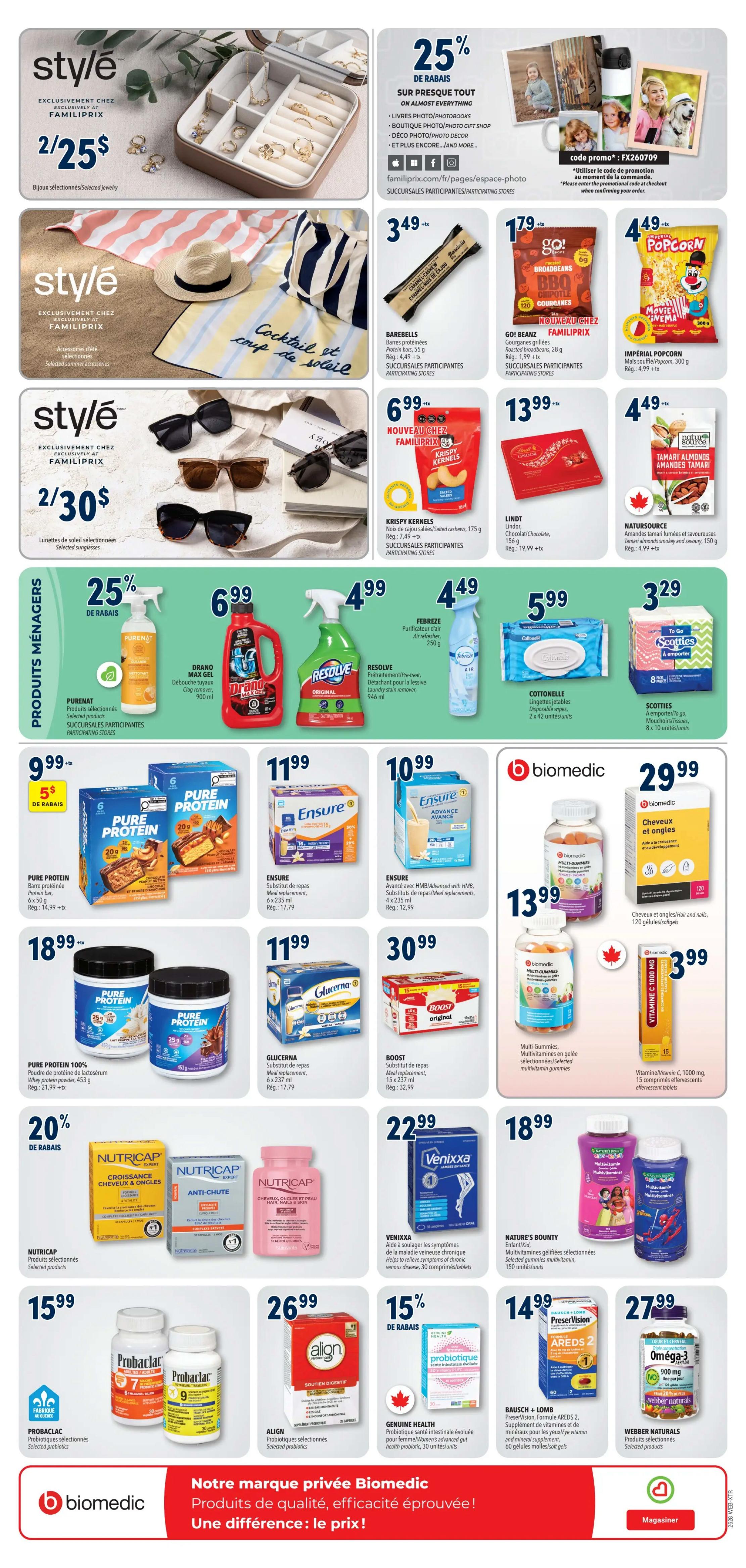 Familiprix flyer page 9 features a variety of products. Style selections include jewelry for 2/$25, selected summer accessories, and selected sunglasses for 2/$30. There's a 25% discount on photo products, photobooks, and gift shop items. Snacks include Barebells protein bars for $3.49, Go! Beanz BBQ Chipotle for $1.79, Imperial Popcorn for $4.49, and Krispy Kernels salted cashews for $6.99. Lindt chocolate is $13.99, and NaturSource Tamari Almonds are $4.49. Household products on sale: PURENAT selected products with a 25% discount, Drano Max Gel for $6.99, Resolve laundry stain remover for $4.99, and Febreze air freshener for $4.49. Cottonelle flushable wipes are $5.99, and Scotties facial tissues are $3.29. Health and wellness items include Pure Protein bars for $9.99 with a $5 discount, Pure Protein 100% whey powder for $18.99, Ensure meal replacements for $11.99 and $10.99, Glucerna meal replacement for $11.99, and Boost meal replacement for $30.99. Biomedic hair and nail supplements are $29.99. Nutricap selected products for hair, nails, and skin are 20% off. Venixxa helps relieve symptoms of chronic venous disease for $22.99. Nature's Bounty multivitamins are $18.99. Probarlac selected probiotics are $15.99. Align selected probiotics are $26.99 with a 15% discount. Genuine Health advanced gut health probiotic is also 15% off. Bausch + Lomb PreserVision AREDS 2 eye vitamins are $14.99. Webber Naturals Omega-3 is $27.99. Vitamin C 1000 mg effervescent tablets are $3.99.