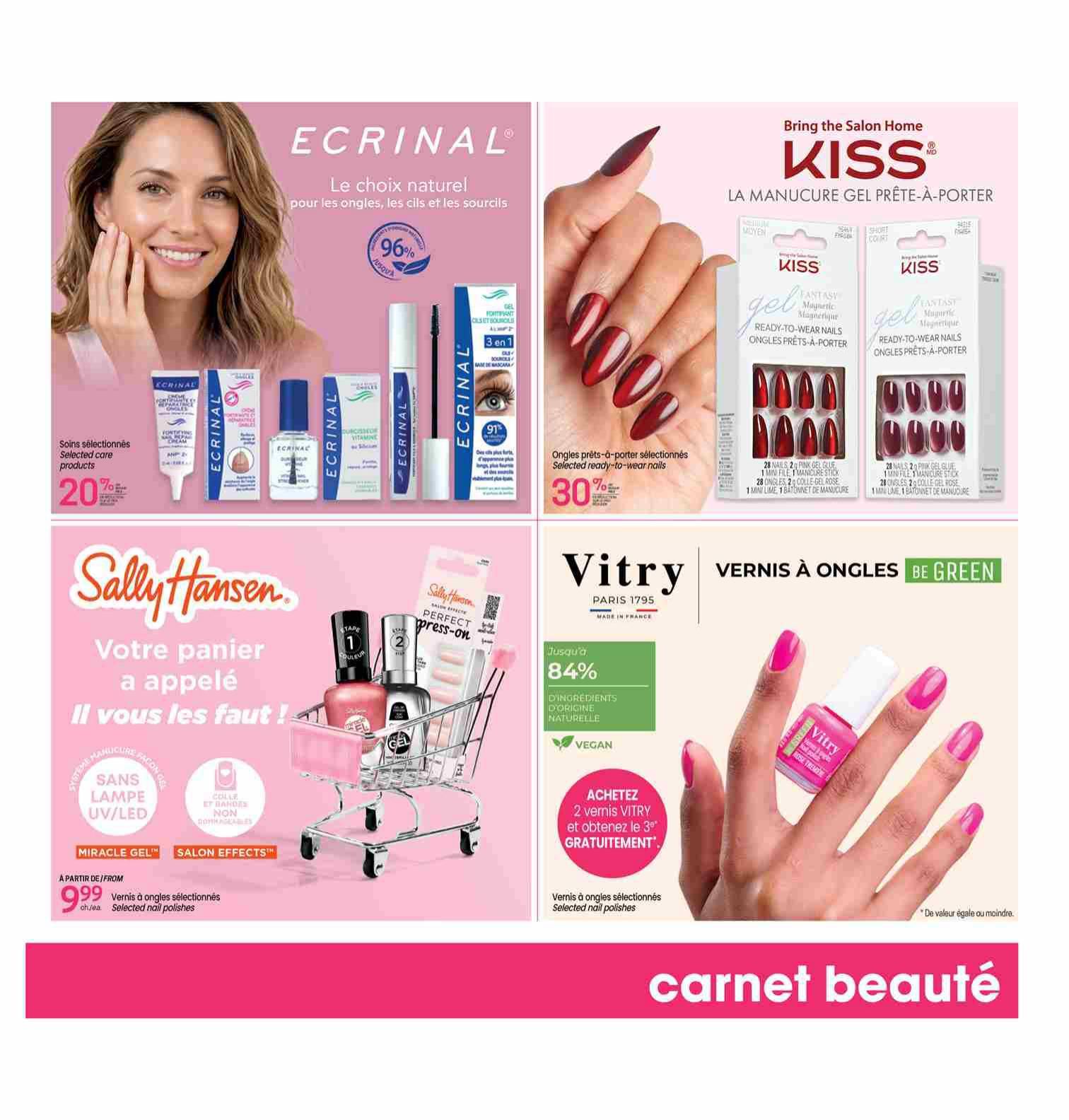 Uniprix Weekly Flyer Specials, Page 13. Features Ecrinal selected care products on sale for 20% off, including nail fortifying cream, nail polish, and mascara. Also showcases Kiss ready-to-wear magnetic gel nails with a 30% discount on selected styles. Additionally, find Sally Hansen Miracle Gel and Salon Effects nail polishes starting at $9.99. Vitry Be Green nail polish is featured with up to 84% natural ingredients and vegan formula; buy 2 Vitry nail polishes and get a 3rd free. The bottom of the page has a pink banner with the text 'carnet beauté'.