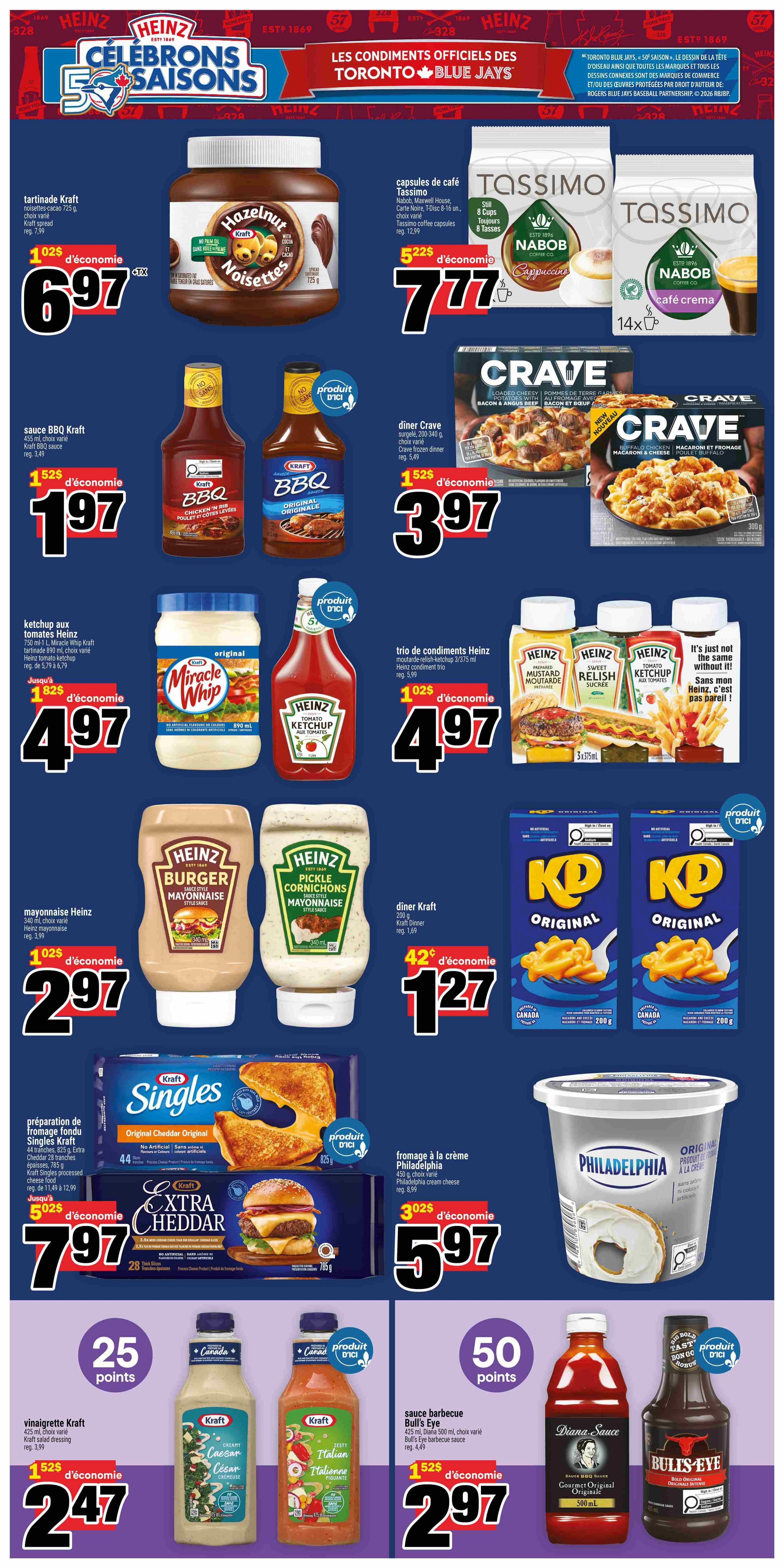 Super C weekly flyer specials page 3 features Kraft Hazelnut spread for $6.97, Tassimo coffee capsules in Nabob flavour for $7.77, Kraft BBQ sauce for $1.97, Crave frozen dinners for $3.97, Miracle Whip and Heinz Tomato Ketchup for $4.97, Heinz condiment trio for $4.97, Heinz mayonnaise varieties for $2.97, Kraft Dinner Original for $1.27, Kraft Singles processed cheese food for $7.97, Philadelphia cream cheese for $5.97, Kraft salad dressing for $2.47, and Bull's Eye BBQ sauce for $2.97. Some items offer bonus points.