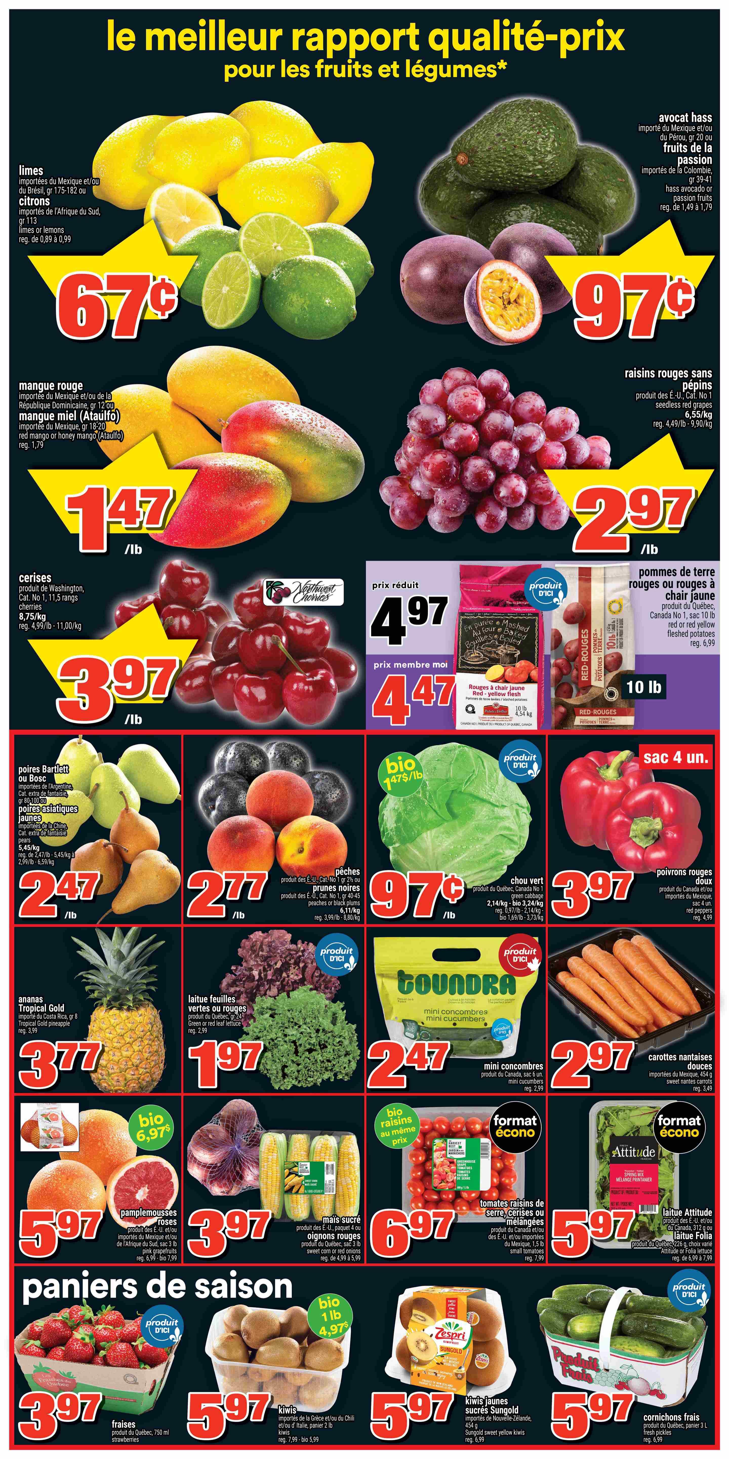 Super C weekly flyer specials page 4, featuring a wide selection of fresh fruits and vegetables. On sale are limes and lemons for $0.67/lb, red mangoes or honey mangoes (Ataulfo) for $1.47/lb, and red seedless grapes for $2.97/lb. Also available are cherries for $3.97/lb, Bartlett or Bosc pears and yellow Asian pears for $2.47/lb, peaches or prune plums for $2.77/lb, and red or yellow fleshed potatoes for $4.47 for a 10 lb bag. Other featured items include Hass avocados and passion fruits for $0.97 each, green cabbage for $0.97/lb, red bell peppers for $3.97 per 4-pack, and sweet mini cucumbers for $2.47 per bag. Tropical Gold pineapples are $3.77 each. Green or red leaf lettuce is $1.97/lb. Sweet corn or red onions are $6.97 for a bag of 4. Grapefruit (pink) are $0.97/lb. Small tomatoes are $6.97 for 1.5 lbs. Attitude or Folia lettuce is $5.97. Seasonal produce includes strawberries for $3.97/lb, Sungold yellow kiwis for $5.97 for a 2 lb bag, and fresh pickles (cornichons frais) for $5.97 per 750 ml container.