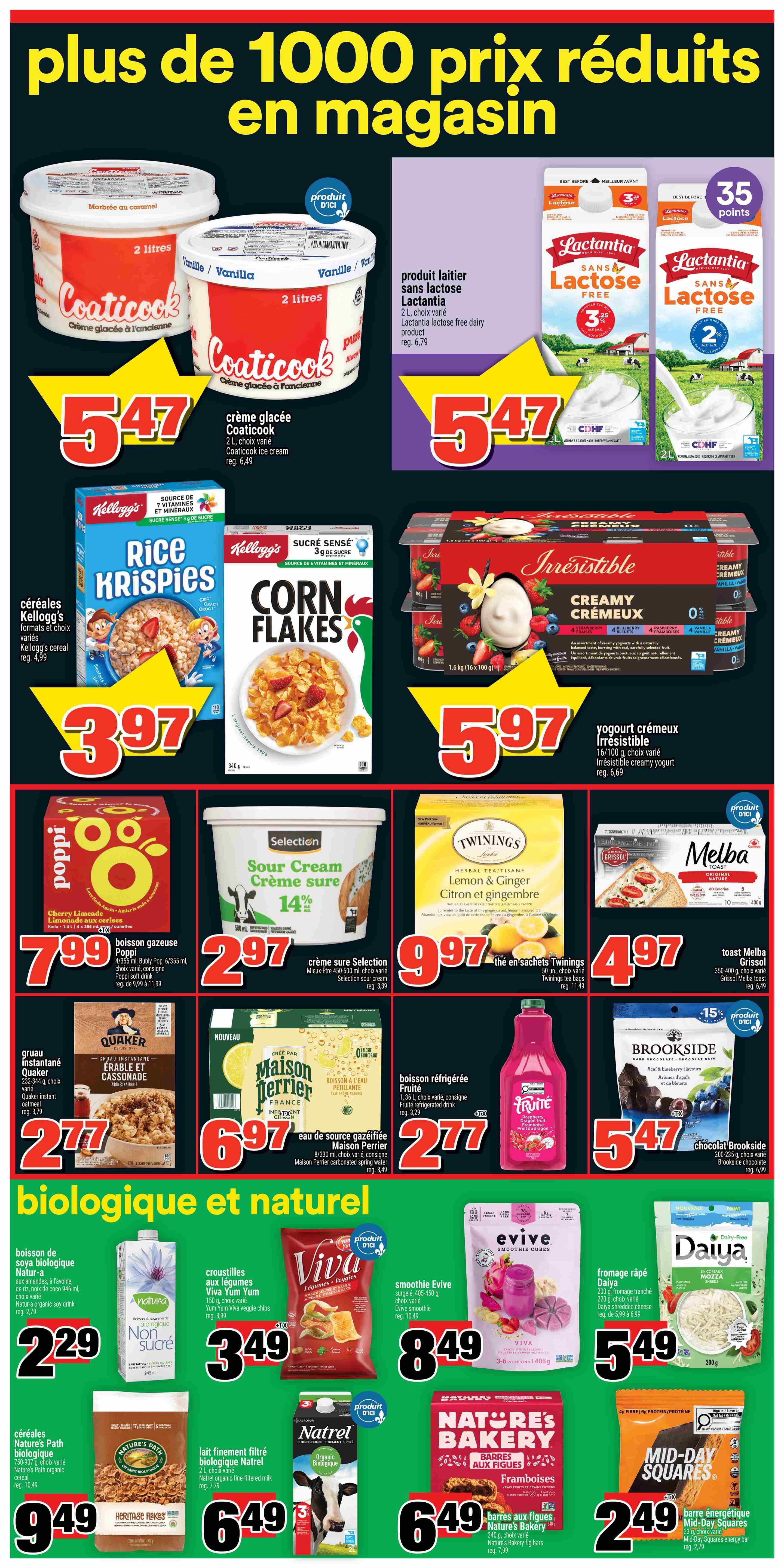 Super C weekly flyer specials page 6 features Coaticook ice cream 2L for $5.47, Lactantia lactose-free dairy product 2L for $5.47, Kellogg's Rice Krispies and Corn Flakes cereals for $3.97, Irresistible creamy yogurt 1.6kg for $5.97. Also on sale are Poppi soft drink 4/355ml for $7.99, Selection sour cream 500ml for $2.97, Twinings herbal tea 20 count for $9.97, and Melba toast 350-400g for $4.97. Quaker instant oatmeal 232-344g is $2.77, Maison Perrier carbonated spring water 8/330ml is $6.97, and Frute refrigerated drink 1.36L is $2.77. Brookside dark chocolate 160-210g is $5.47. The 'Biologique et Naturel' section includes Natura organic soy drink 946ml for $2.29, Viva veggie chips 150g for $3.49, Evive smoothie cubes 405-450g for $8.49, and Daiya shredded cheese 200g for $5.49. Nature's Path organic cereal 750-907g is $9.49, Natrel organic fine-filtered milk 1L is $6.49, Nature's Bakery fig bars 6 bars for $6.49, and Mid-Day Squares energy bars 53g are $2.49.
