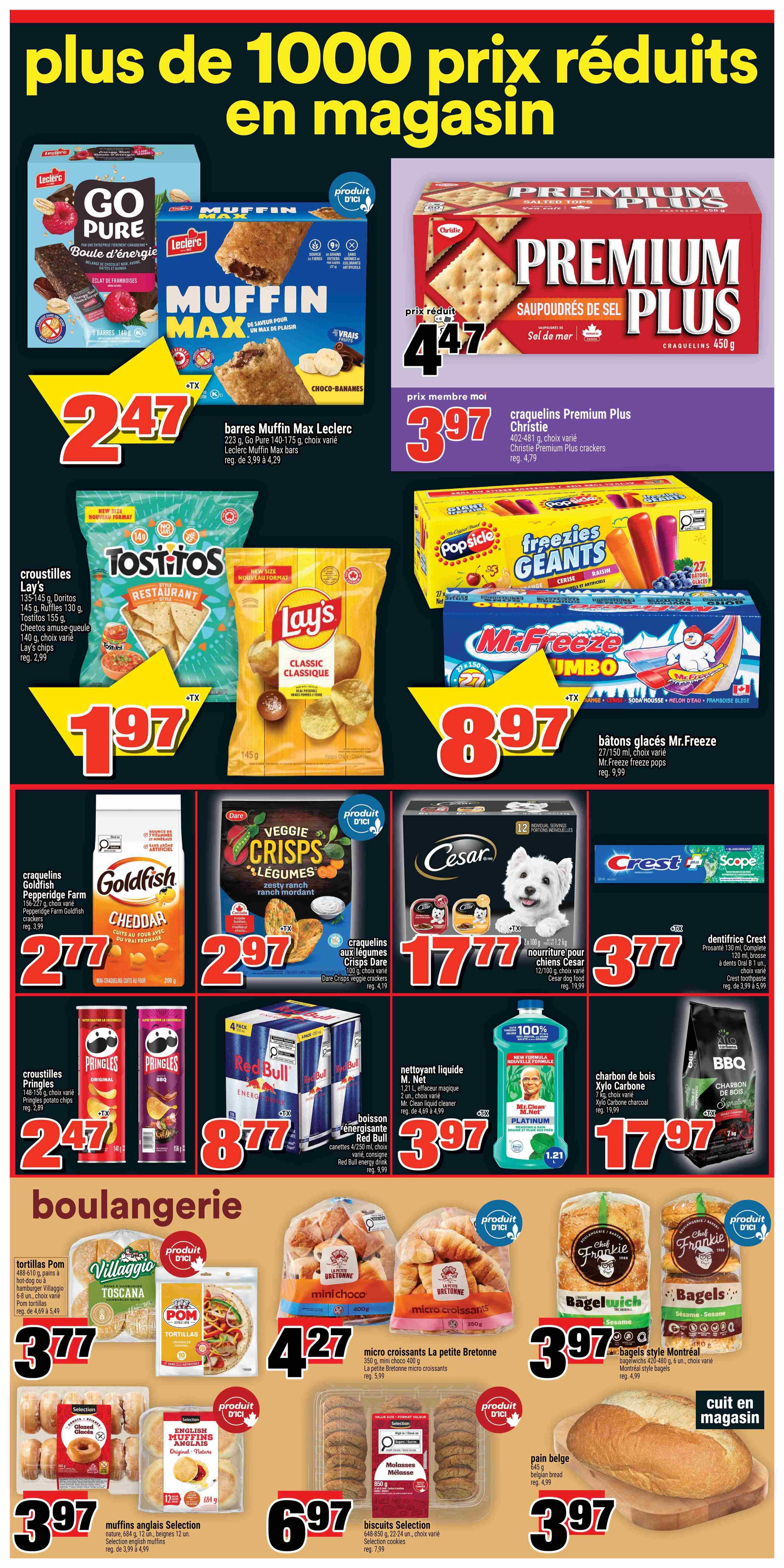 Super C weekly flyer specials page 7 features a variety of grocery items. Top row includes Leclerc Go Pure bars for $2.47, Leclerc Muffin Max bars for $2.47, and Christie Premium Plus crackers for $3.97. Middle row showcases Tostitos chips for $1.97, Lay's Classic chips for $1.97, and Mr. Freeze popsicles for $8.97. Bottom row highlights Goldfish Cheddar crackers for $2.77, Dare Veggie Crisps for $2.97, Cesar dog food for $17.77, and Crest Scope toothpaste for $3.77. Further down, Pringles chips are $2.47, Red Bull energy drink is $8.77, Mr. Clean liquid cleaner is $3.97, and Xylo Carbon charcoal briquettes are $17.97. The bakery section includes Villaggio Pom tortillas for $3.77, La Petite Bretonne mini choco and micro croissants for $4.27, Selection English muffins for $3.97, Selection molasses biscuits for $6.97, Montreal style bagels for $3.97, and Belgian bread for $3.97.