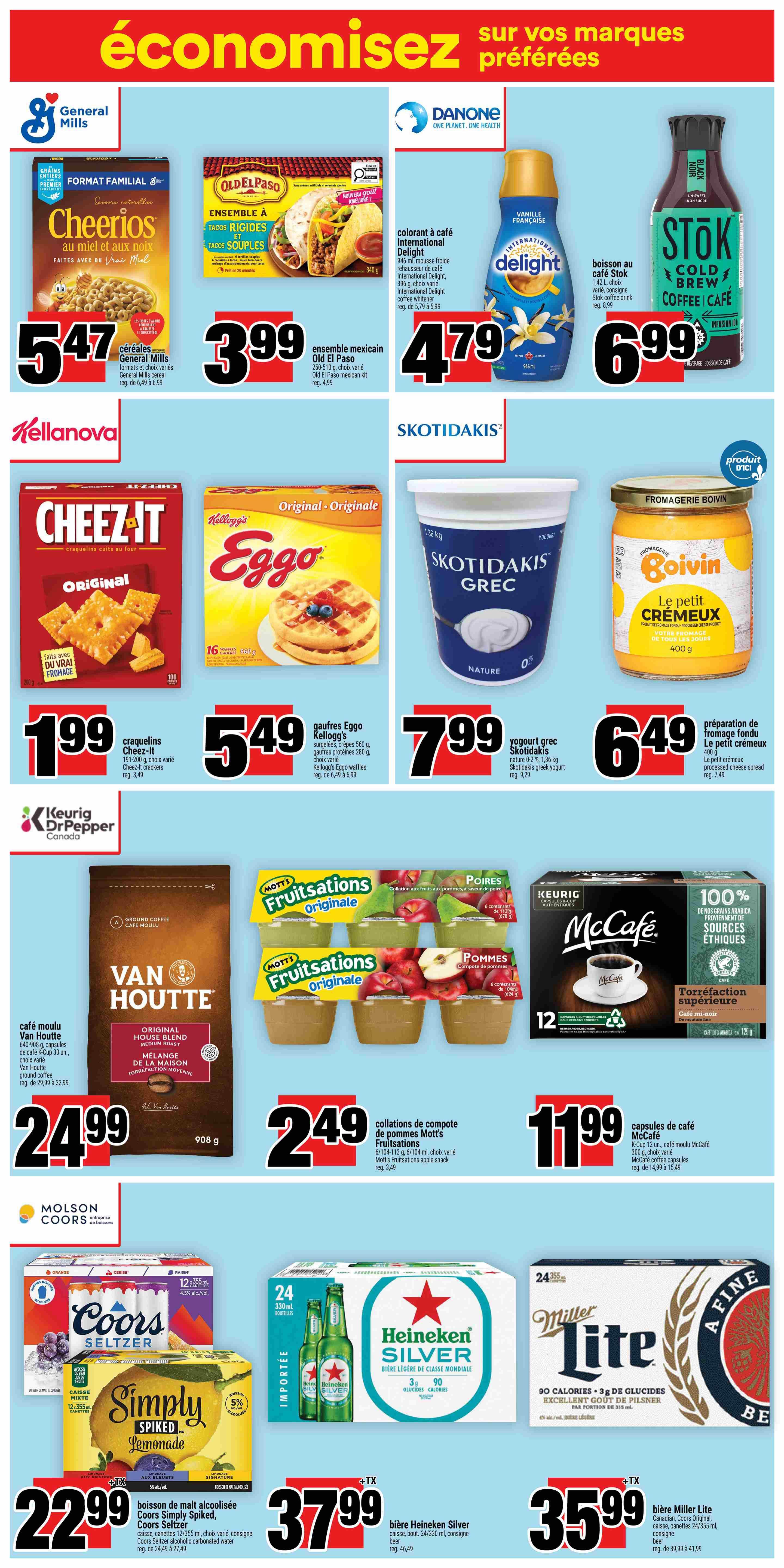 Super C weekly flyer specials page 11 features General Mills Cheerios cereal for $5.47, Old El Paso Mexican kits for $3.99, and International Delight coffee whiteners for $4.79. Also available are Stok Cold Brew coffee drinks for $6.99, Cheez-It crackers for $1.99, Kellogg's Eggo waffles for $5.49, Skotidakis Greek yogurt for $7.99, and Boivin processed cheese spread for $6.49. Van Houtte ground coffee is on sale for $24.99, Mott's Fruitisations apple snack packs for $2.49, and McCafe coffee capsules for $11.99. Beverage deals include Coors Seltzer for $22.99, Heineken Silver beer for $37.99, and Miller Lite beer for $35.99.
