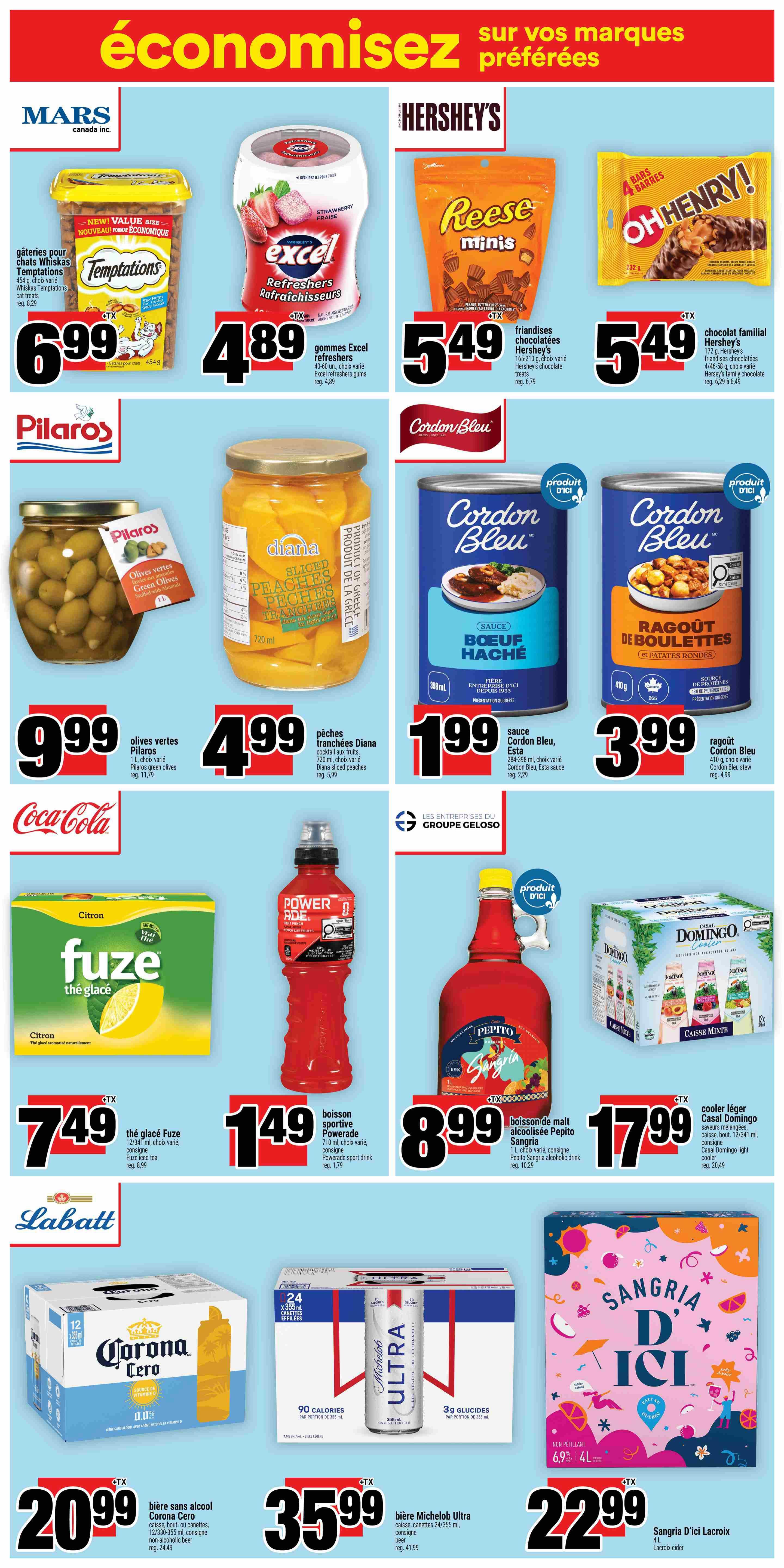 Super C weekly flyer specials page 12, featuring Mars Temptations cat treats for $6.99, Excel refreshers gums for $4.89, Hershey's Reese's minis and Oh Henry! chocolate bars for $5.49 each. PilaRos green olives are $9.99, and Diana sliced peaches are $4.99. Cordon Bleu beef hash is $1.99 and Cordon Bleu beef stew is $3.99. Coca-Cola products are featured. Fuze iced tea is $7.49, Powerade sport drink is $1.49, and Pepito Sangria alcoholic drink is $8.99. Casa Domingo light cooler is $17.99. Corona Cero non-alcoholic beer is $20.99, Michelob Ultra beer is $35.99, and Sangria D'ici Lacroix cider is $22.99.