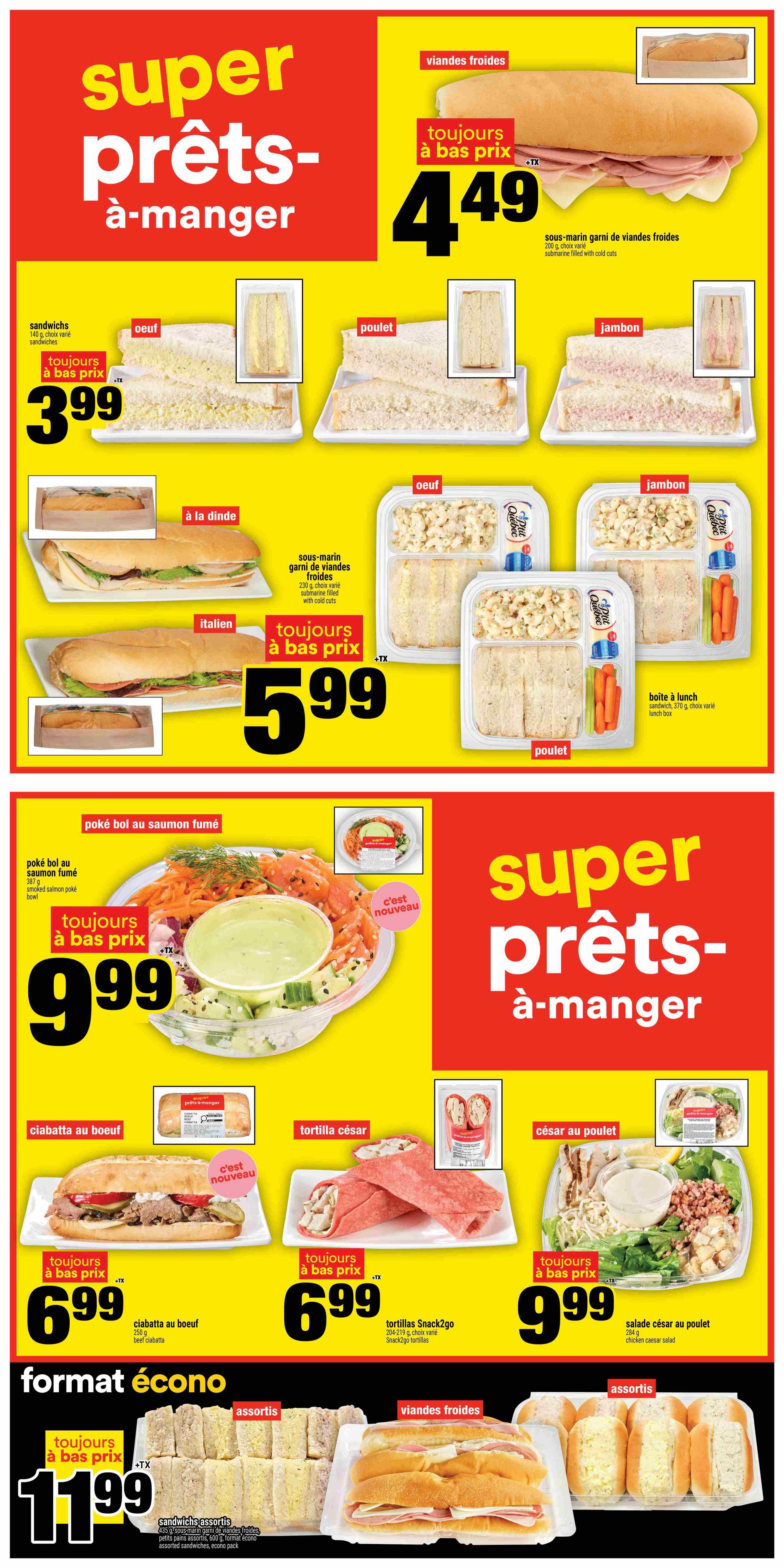 Super C ready-to-eat specials page featuring various sandwiches, lunch boxes, and salads. Top section highlights a large cold cuts submarine sandwich for $4.49. Below, individual sandwiches like egg, chicken, and ham are priced at $3.99. A turkey submarine sandwich is $5.99. Lunch boxes with egg, ham, or chicken options are also available for $5.99. The middle section showcases a new smoked salmon poke bowl for $9.99. New items include a beef ciabatta for $6.99 and chicken Caesar tortillas for $6.99. A chicken Caesar salad is $9.99. The bottom section features an economy pack of assorted sandwiches for $11.99, including cold cuts and small submarine sandwiches.