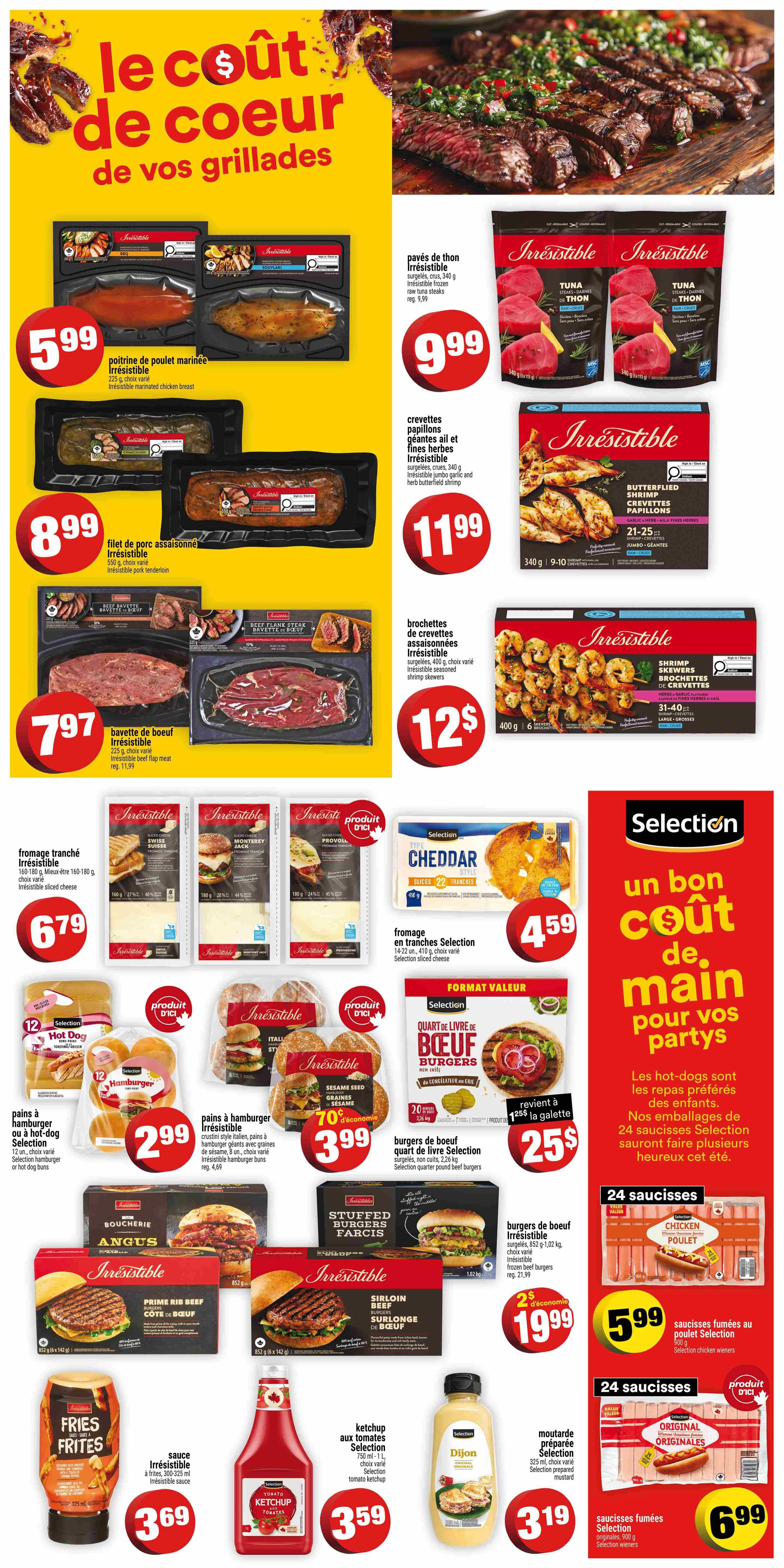 Super C weekly flyer specials page 17 features a variety of grilled food items and party essentials. Highlights include Irrésistible marinated chicken breast for $5.99, Irrésistible seasoned pork tenderloin for $8.99, and Irrésistible beef flap meat for $7.97 (regularly $11.99). Seafood options include Irrésistible tuna steaks for $9.99, Irrésistible jumbo garlic and herb butterfield shrimp for $11.99, and Irrésistible seasoned shrimp skewers for $12. Selection cheddar cheese slices are $4.59. Also featured are Selection hamburger or hot dog buns for $2.99, Irrésistible Italian style hamburger buns with pickles for $3.99 (70% economy, regularly $4.69), and Selection quarter pound beef burgers for $25 (value pack, comes to $1.25 each). Other deals include Irrésistible stuffed burgers for $19.99 (2 lbs economic savings), Irrésistible sirloin beef burgers for $19.99, Irrésistible fries for $3.69, Selection tomato ketchup for $3.59, and Selection Dijon mustard for $3.19. The flyer also promotes Selection chicken wieners for $5.99 and Selection original wieners for $6.99, with a note about 24 sausages per pack sausages being a favourite for kids' meals.