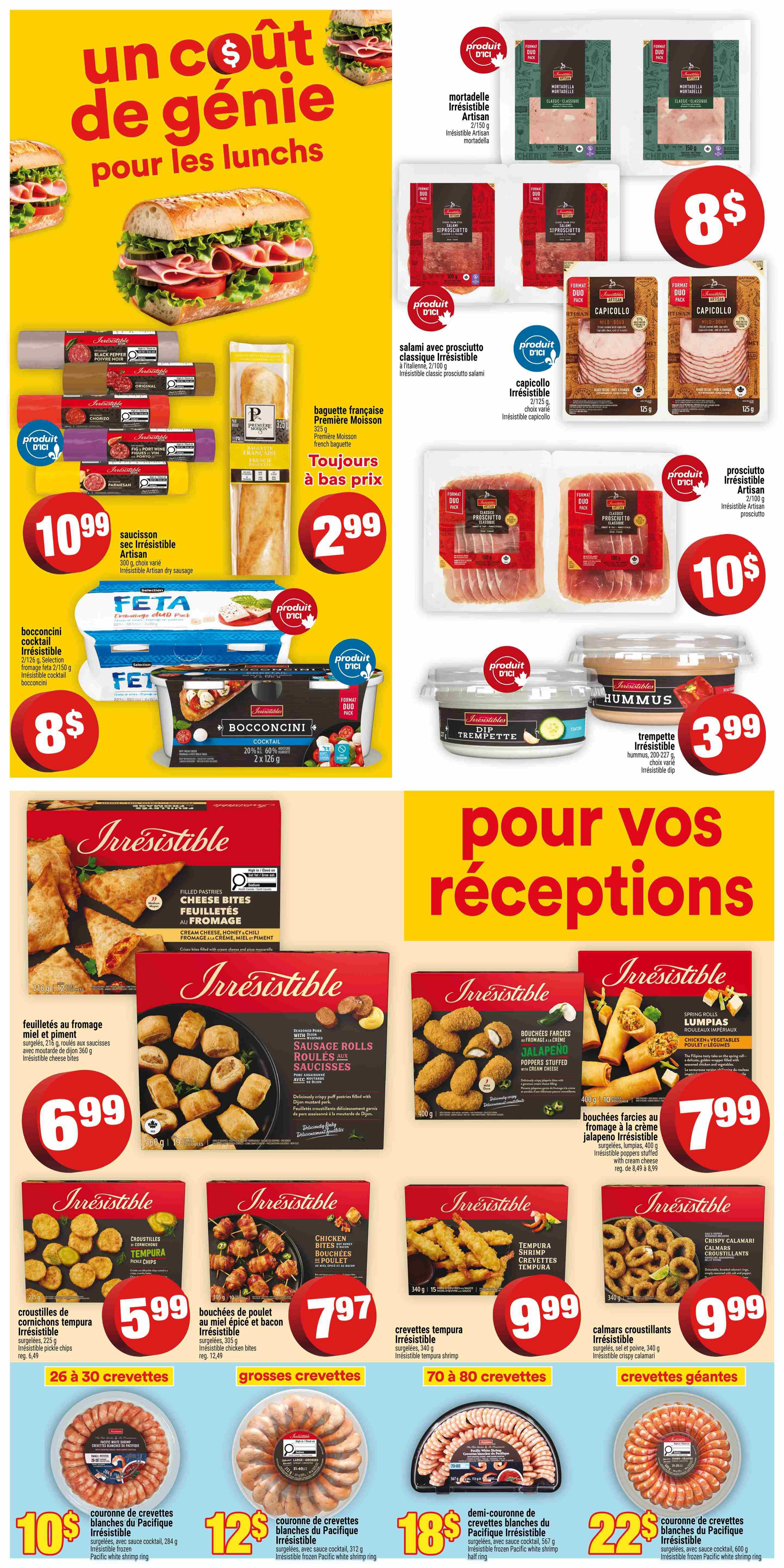 Super C weekly flyer specials page 19 features a 'genius cost for lunches' theme with a large sandwich image. On the left, Irresistible Artisan dry sausage is $10.99, and Irresistible Feta cheese and Irresistible Bocconcini cocktail bites are $8. A French baguette is $2.99. On the right, Irresistible mortadella is 2 for $8. Irresistible classic prosciutto salami is 2 for $8. Irresistible capicollo is 2 for $8. Irresistible prosciutto is $10. Irresistible hummus dip is $3.99. The flyer also highlights 'for your receptions' with Irresistible cheese bites for $6.99. Irresistible sausage rolls are $7.99. Irresistible jalapeño cream cheese stuffed bites are $7.99. Irresistible tempura shrimp chips are $5.99. Irresistible chicken bites with epicé and bacon are $7.99. Irresistible tempura shrimp is $9.99. Irresistible crispy calamari rings are $9.99. Seafood specials include Irresistible Pacific white shrimp rings: 26 to 30 shrimp for $10, 312g for $10; 31 to 60 shrimp for $12, 567g for $12; and giant shrimp, 600g for $22.