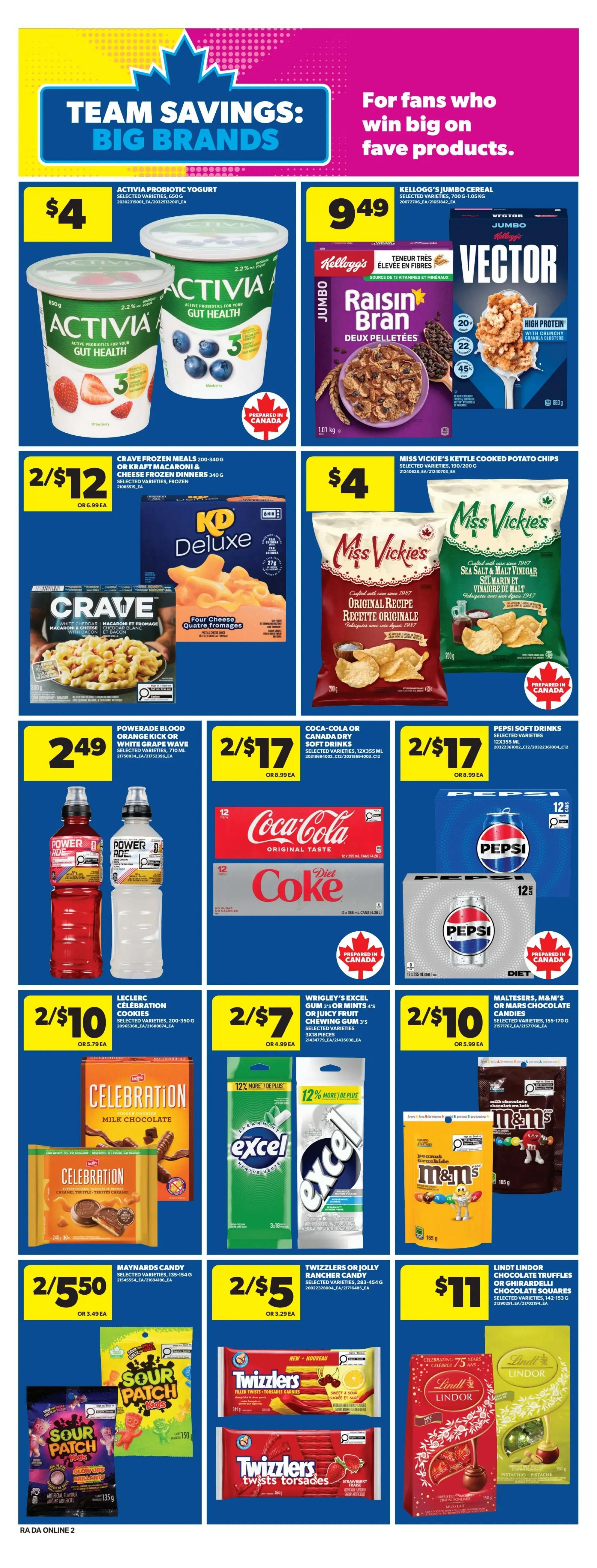 Atlantic Superstore weekly flyer specials page 8 features 'Team Savings: Big Brands'. Promotions include Activia probiotic yogurt for $4, Kellogg's Jumbo Cereal Vector Raisin Bran for $9.49, and Miss Vickie's Kettle Cooked Potato Chips for $4. Also featured are Crave frozen meals or Kraft Macaroni & Cheese Dinners at 2 for $12, Powerade or Powerade Zero drinks for $2.49 each, Coca-Cola or Canada Dry soft drinks 12x355ml cans for 2 for $17, and Pepsi soft drinks 12x355ml cans for 2 for $17. Candy and gum deals include Leclerc Celebration cookies 200-350g for 2 for $10, Wrigley's Excel gum or mints 3's or 4's for 2 for $7, Maynards candy 135-154g for 2 for $5.50, Twizzlers or Jolly Rancher candy 283-454g for 2 for $5, and Lindt Lindor chocolate truffles or Ghirardelli chocolate squares 142-153g for $11.