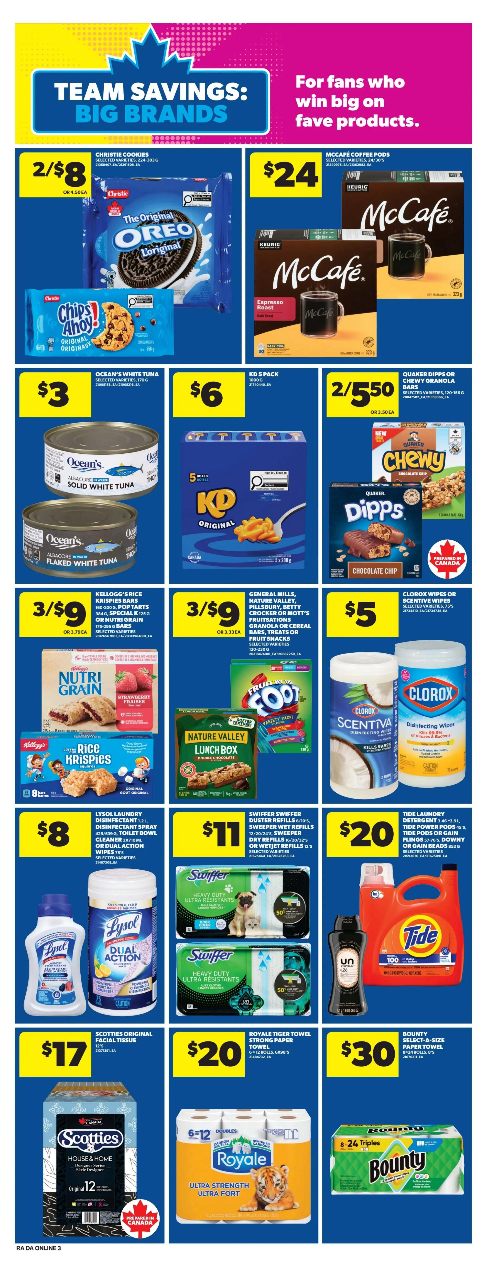 Atlantic Superstore weekly flyer specials page 9 features 'Team Savings: Big Brands'. Deals include Christie Cookies and Chips Ahoy! for 2 for $8, McCafé Coffee Pods for $24, Ocean's White Tuna for $3, KD 5 Pack Pasta for $6, Quaker Dipps or Chewy Granola Bars for 2 for $5.50. Also featured are Kellogg's Nutri Grain Bars and Rice Krispies Squares for 3 for $9, Nature Valley Lunch Box bars and Froot Loops for 3 for $9, and Clorox Wipes or Scentiva Wipes for $5. Lysol Laundry Disinfectant or Disinfectant Spray for $8, Swiffer Duster Refills for $11, Tide Laundry Detergent or Tide Pods for $20. Scotties Original Facial Tissue 12's for $17, Royale Tiger Strong Paper Towel 6-12 rolls for $20, and Bounty Select-A-Size Paper Towel 8-24 Triples for $30.