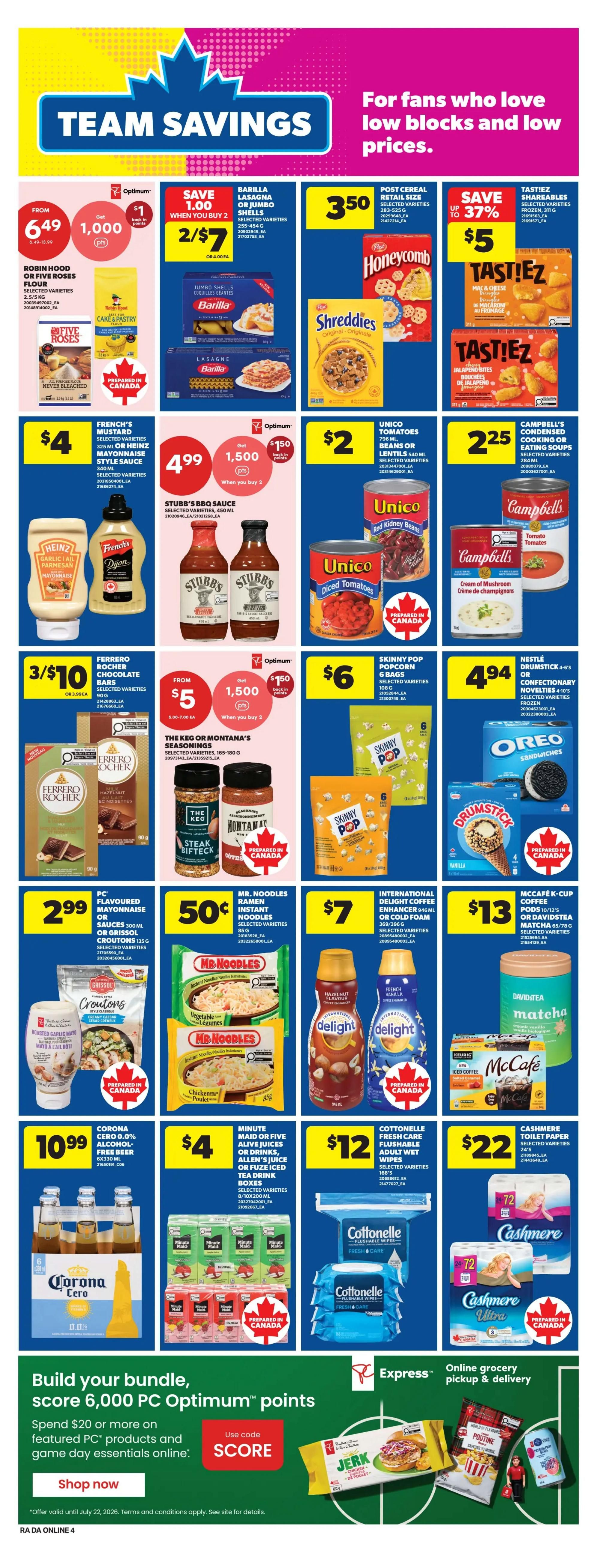 Atlantic Superstore weekly flyer specials page 10 features 'Team Savings' with deals on various grocery items. Save $1 when you buy 1,000 PC Optimum points on Robin Hood or Five Roses Flour, priced from $6.49. Barilla Lasagna or Jumbo Shells are 2 for $7. Post Cereal Honeycomb is $3.50 and Post Cereal Shreddies are $3.50. Save up to 37% on Tastiez Shareables, now $5. Heinz French's Mustard or Mayonnaise is 3 for $10. Stubbs BBQ Sauce is $4.99 for two. Unico Tomatoes or Beans are $2. Campbell's Condensed Cooking or Eating Soups are $2.25. Ferrero Rocher Chocolate Bars are 3 for $10. The Keg or Montana's Seasonings are from $5. Skinny Pop Popcorn 6 bags are $6. Nestle Drumstick or Confectionary Novelties are $4.94. Oreo Sandwiches are $4.94. PC Flavoured Mayonnaise or Grissol Croutons are $2.99. Mr. Noodles Ramen Instant Noodles are 50¢. International Delight Coffee Enhancer is $7. McCafe K-Cup Pods or Davidstea Matcha are $13. Corona Cero Alcohol-Free Beer 6x330 mL is $10.99. Minute Maid or Five Alive Juices or Allen's Juice or Fuze Iced Tea Drink are $4. Cottonelle Fresh Care Flushable Adult Wet Wipes are $12. Cashmere Toilet Paper is $22. The bottom section promotes building a bundle to score 6,000 PC Optimum points when spending $20 or more on featured PC products and game day essentials online, using code SCORE. Online grocery pickup and delivery are available.