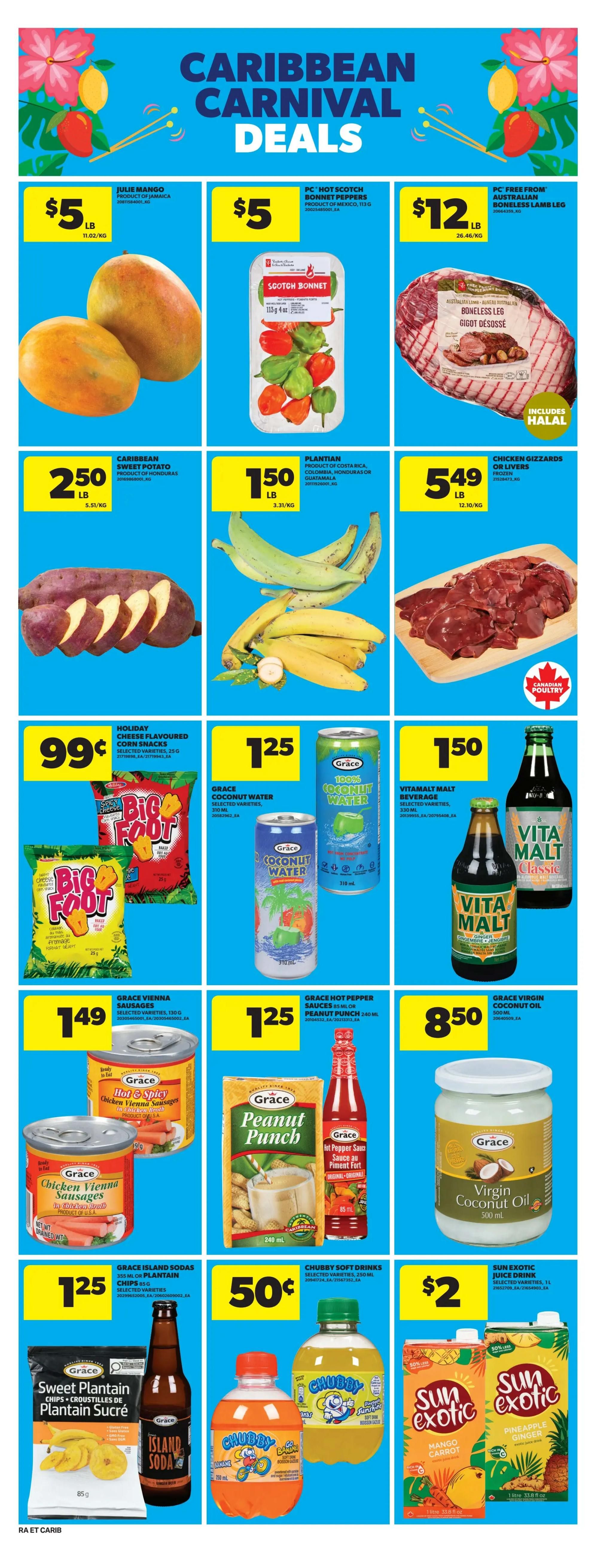 Atlantic Superstore flyer page featuring Caribbean Carnival Deals. Products include Julie Mangoes for $5/lb, PC Hot Scotch Bonnet Peppers for $5, and PC Free From Australian Boneless Lamb Leg for $12/lb. Also available are Caribbean Sweet Potatoes for $2.50/lb, Plantains for $1.50/lb, and Chicken Gizzards or Livers for $5.49/lb. Other deals include Big Foot Corn Snacks for $0.99, Grace Coconut Water for $1.25, and Vita Malt beverages for $1.50. Grace Vienna Sausages are $1.49, Grace Hot Pepper Peanut Punch is $1.25, and Grace Virgin Coconut Oil is $8.50. Sweet Plantain Chips and Island Soda are $1.25, Chubby Soft Drinks are $0.50, and Sun Exotic Juice Drinks (Mango Carrot and Pineapple Ginger) are $2 with a 50% off offer on select varieties.