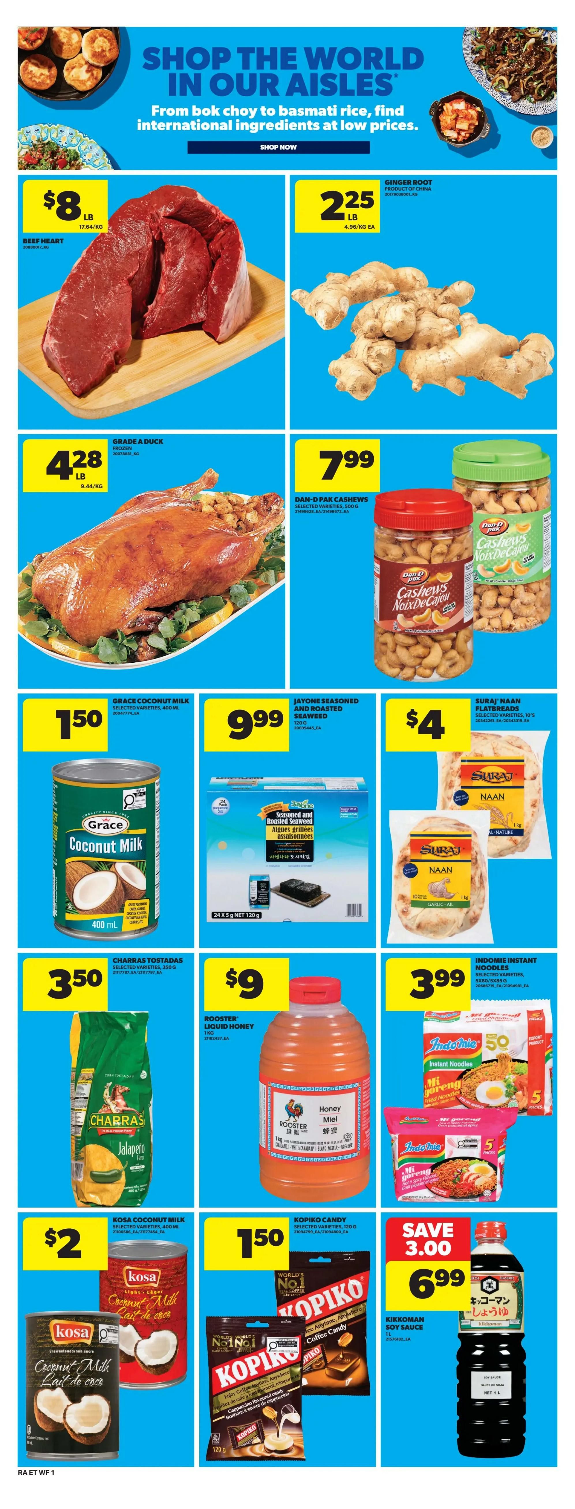 Atlantic Superstore weekly flyer specials page 13 features a 'Shop the World in Our Aisles' theme. Highlights include Beef Heart for $8/lb, Ginger Root for $2.25/lb, and Grade A Duck for $4.28/lb. Also featured are Dan-D-Pak Cashews for $7.99, Grace Coconut Milk for $1.50, Jayone Seasoned and Roasted Seaweed for $9.99, and Suraj Naan Flatbreads for $4. Additionally, Charas Tostadas are $3.50, Rooster Liquid Honey is $9, Indomie Instant Noodles are $3.99, Kosa Coconut Milk is $2, Kopiko Candy is $1.50, and Kikkoman Soy Sauce is on sale for $6.99, saving $3.00.