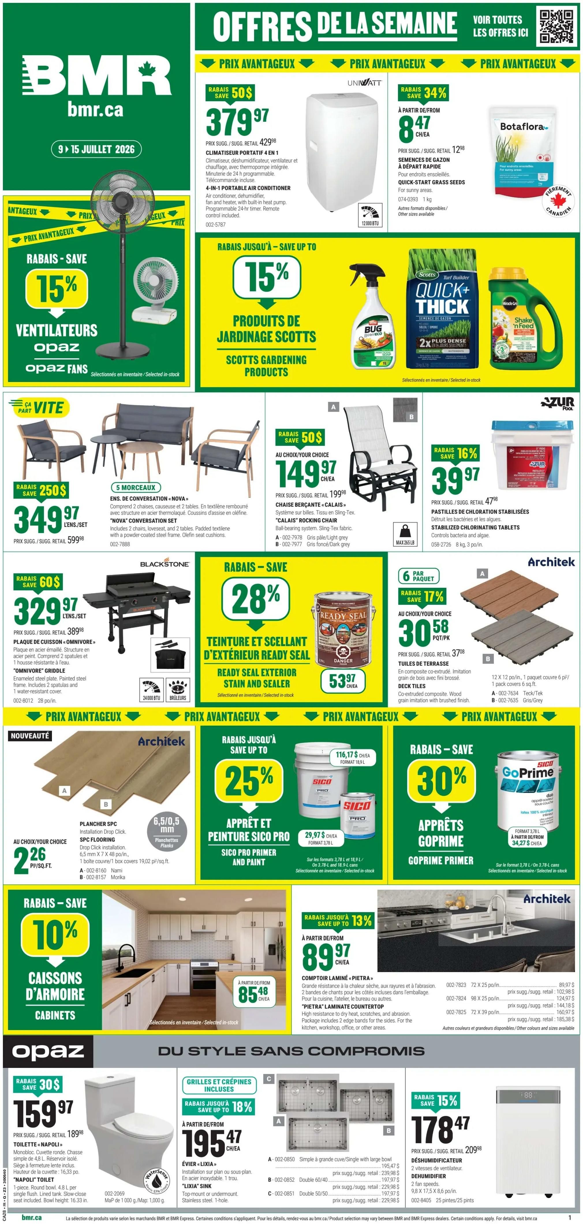 BMR Weekly Flyer Specials, Page 1. Featured items include a Univatt 4-in-1 portable air conditioner for $379.97, saving $50. Also, Botafiora Quick-Start Grass Seeds are available. Save 15% on Opaz fans, including a standing fan and a desk fan. Scotts Gardening Products are on sale with up to 15% savings, featuring Bug-Off Eco Spray, Quick+Thick Grass Seed, and Miracle-Gro Shake 'n Feed. A Nova conversation set is priced at $349.97, saving $250. Blackstone 'Omnivore' Griddle is on sale for $329.97, saving $60. Ready Seal Exterior Stain and Sealer is $53.97. Architek 'Calais' rocking chairs are $149.97 each, saving $50. Azur Pool Stabilized Chlorinating Tablets are $39.97. Architek Deck Tiles are $30.58 per pack, saving 17%. Sico Pro Primer and Paint is up to 25% off. Goprime Primer is 30% off. Cabinets are on sale. 'Napoli' toilet is $159.97. 'Lixia' sink is $195.47. 'Pietra' Laminate Countertop is $89.97. A dehumidifier is $178.47, saving 15%.