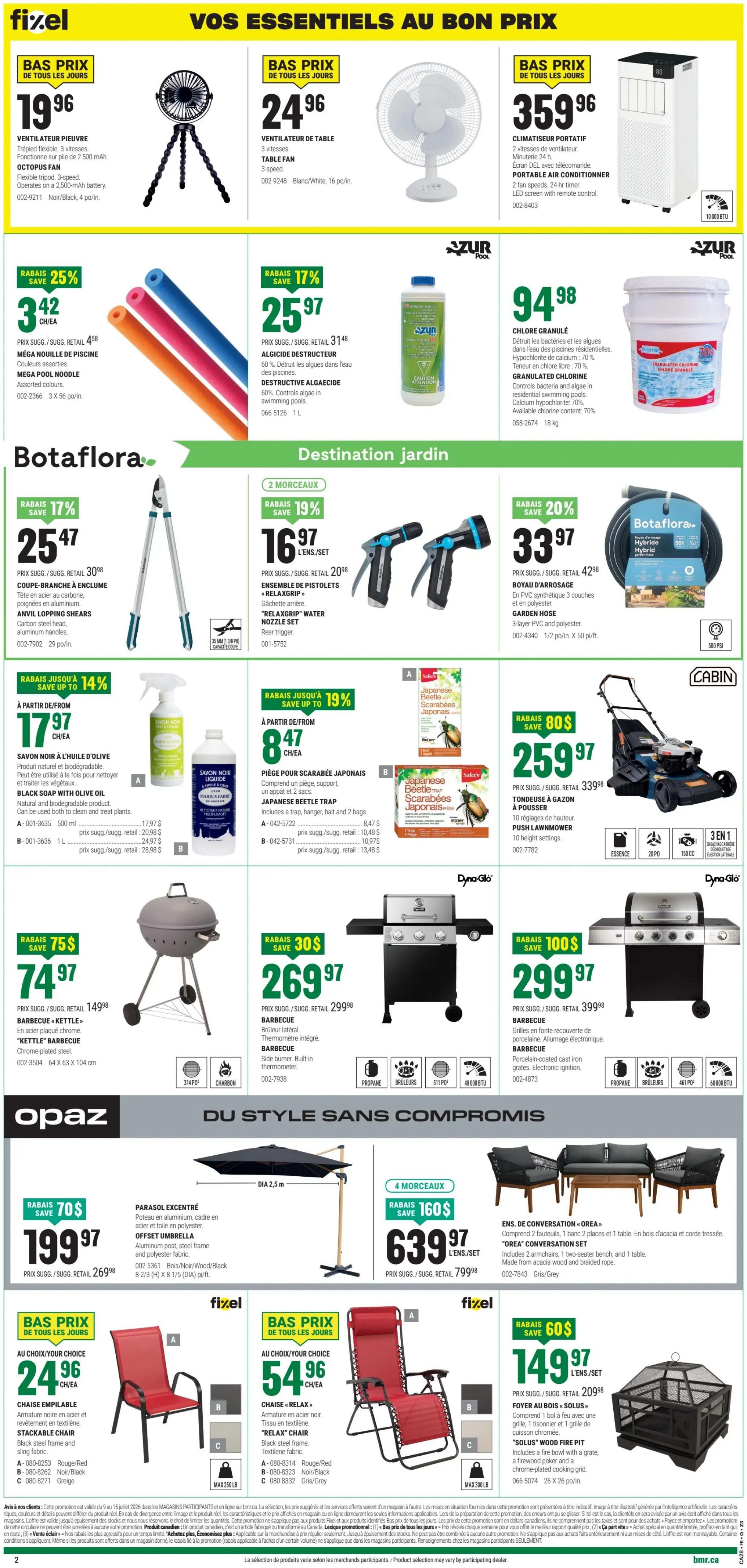 BMR Weekly Flyer Specials, Page 3. Top section features 'Best Price of the Day' deals: Octopus Fan for $19.96, Table Fan for $24.96, and Portable Air Conditioner for $359.96. Mid-section showcases 'Destination Jardin' (Garden Destination) with 'Save 25%' on Mega Pool Noodles for $3.42, 'Save 17%' on Destructive Algaecide for $25.97, and Granulated Chlorine for $94.98. Further down, 'Save 17%' on Anvil Lopping Shears for $25.47. 'Save 19%' on 'Relaxgrip' Nozzle Set for $16.97. 'Save 14%' on Black Soap with Olive Oil for $17.97 and 'Save 19%' on Japanese Beetle Traps for $8.47. Large items include 'Save 75$' on a 'Kettle' Barbecue for $74.97, 'Save 30$' on a Barbecue for $269.97, and 'Save 80$' on a Push Lawn Mower for $33.97. Also featured are 'Save 100$' on a Barbecue for $299.97. 'Du Style Sans Compromis' (Style Without Compromise) section includes an Offset Umbrella for $199.97, a 4-piece 'Orea' Conversation Set for $639.97. Bottom section has 'Best Price of the Day' deals: Stackable Chair for $24.96, Relax Chair for $54.96, and 'Save 60$' on a 'Solus' Wood Fire Pit for $149.97.