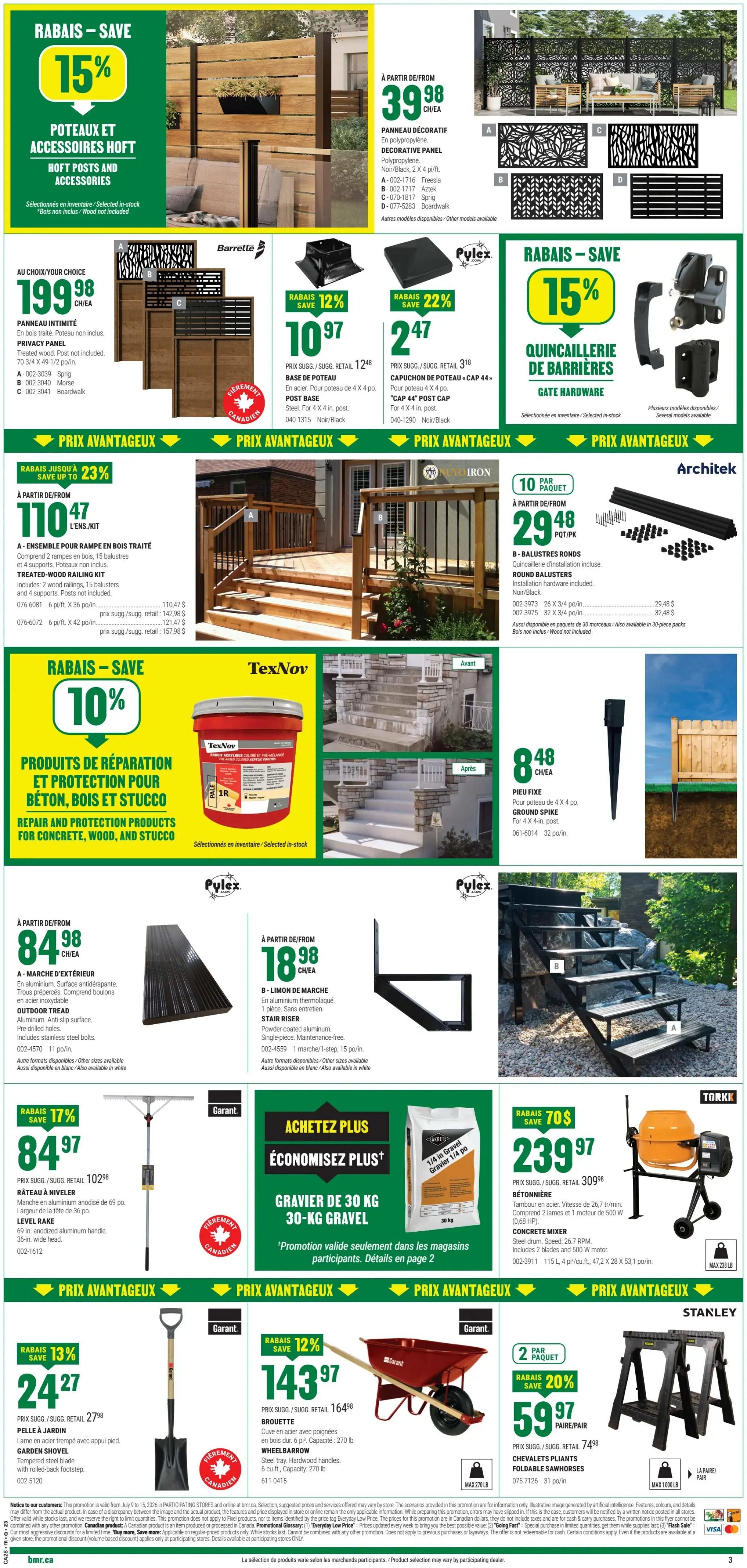 BMR Weekly Flyer Specials Page 4: Features 15% off Hoft posts and accessories, including decorative panels starting at $39.98. Also available are Pylex treated wood post kits for $199.98, post bases for $10.97 (save 12%), and post caps for $2.47 (save 22%). Save up to 23% on Architek round balusters, sold in packs of 10 for $29.48. TexNov repair and protection products for concrete, wood, and stucco are 10% off. Ground spikes for 4x4 posts are $8.48. Other featured items include outdoor treads for $84.98, stair risers for $18.98, a 69-in. aluminum rake for $84.97 (save 17%), 30 kg of gravel for $11.97, a tempered steel shovel for $24.27 (save 13%), a wheelbarrow for $143.97 (save 12%), and Stanley foldable sawhorses, 2 per pack, for $59.97 (save 20%). A Torkk concrete mixer is on sale for $239.97 (save $70).