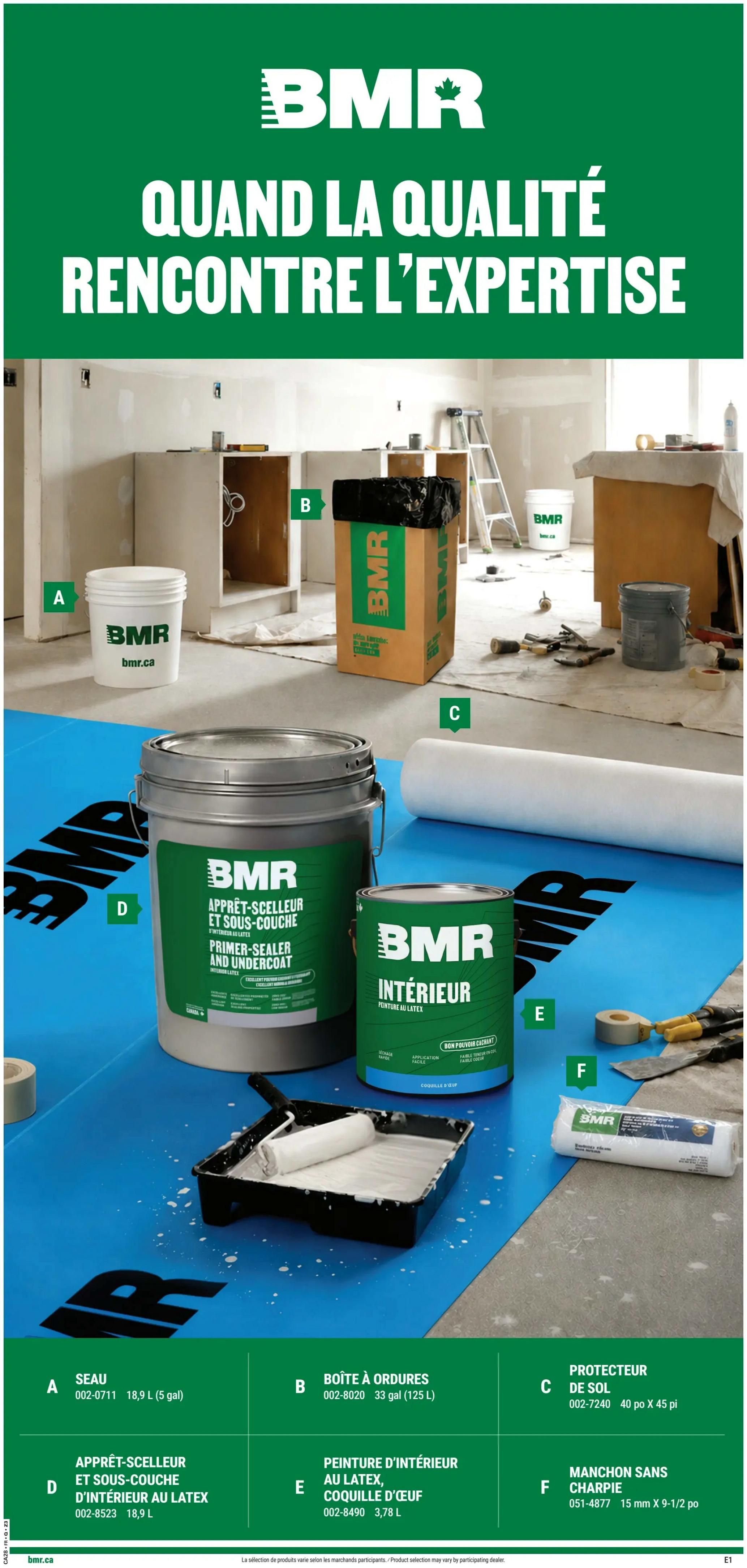 BMR flyer page 5 featuring painting supplies. The page highlights BMR Primer-Sealer and Undercoat in a large 18.9 L (5 gal) container (Item D). Also featured is BMR Interior Latex Paint in Eggshell finish, 3.78 L (Item E). Other items include a 18.9 L (5 gal) pail (Item A), a 33 gal (125 L) garbage bin (Item B), a 40 x 45 ft floor protector (Item C), and a 15 mm x 9-1/2 in. paint roller cover (Item F). The page has the slogan 'When Quality Meets Expertise'.
