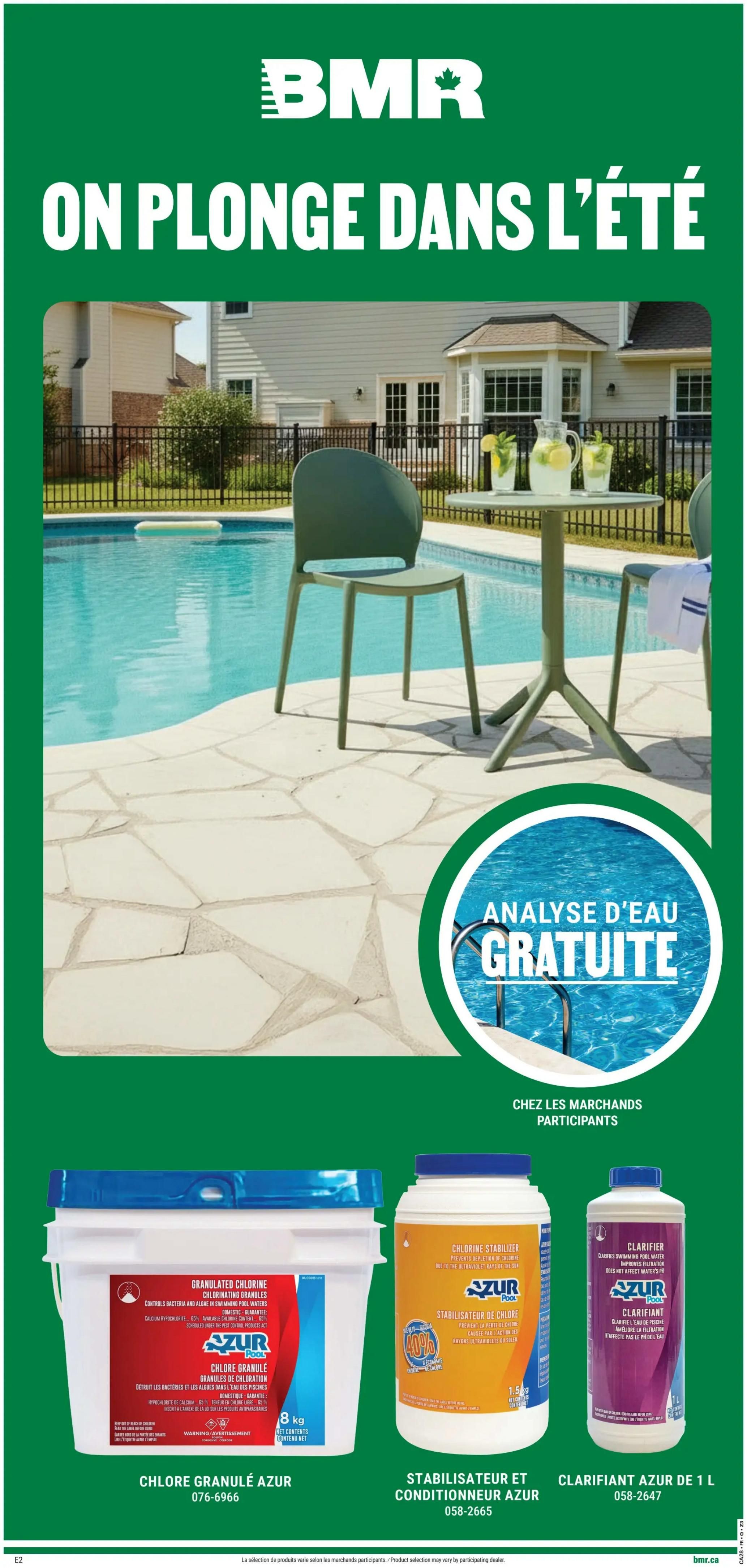 BMR weekly flyer specials page 6 features 'On Plonge Dans L'Été' (Dive into Summer) theme with a backyard pool setting. Offers include Azur Granulated Chlorine 8 kg for pool cleaning, Azur Chlorine Stabilizer and Conditioner 1.5 kg with a 40% discount, and Azur Clarifier 1 L for swimming pool water. A free water analysis service is also promoted. The flyer is valid from July 9 to July 15, 2026.