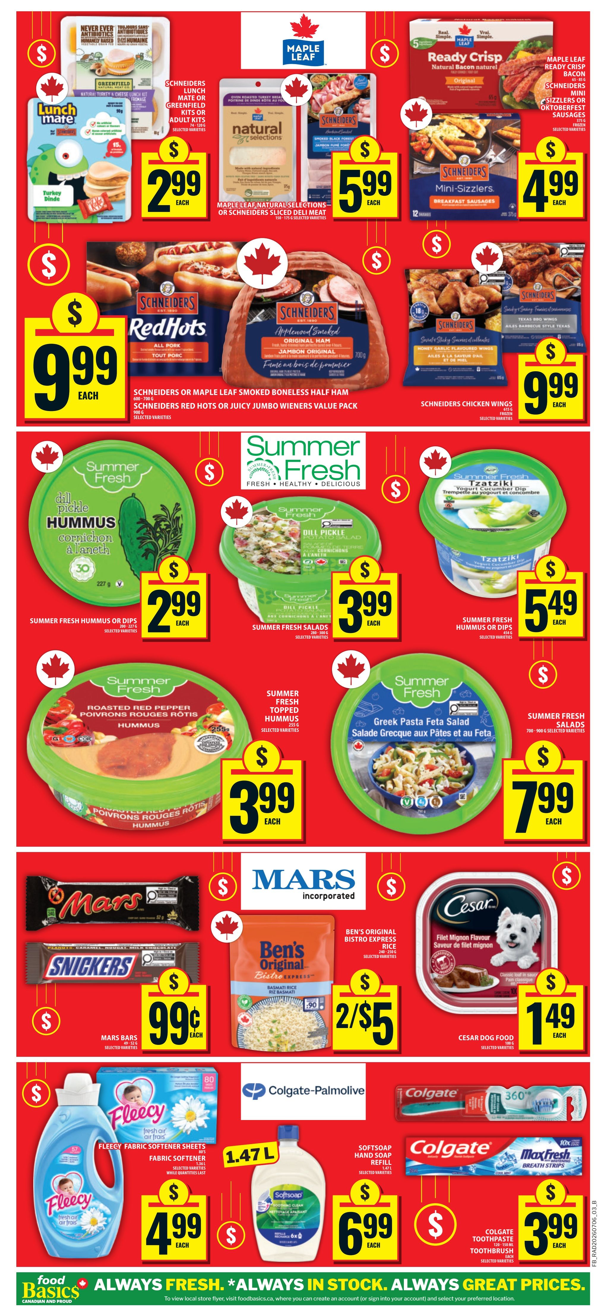 Food Basics weekly flyer specials page 5 features a variety of deals. Top row includes Greenfield Natural Turkey & Cheese Lunch Kits or Schnehders Adult Kits for $2.99 each, Maple Leaf Natural Selections or Schneiders Sliced Deli Meat for $5.99 each, and Schnehders Mini-Sizzlers or Oktoberfest Sausages for $4.99 each. Also featured are Schnehders or Maple Leaf Smoked Boneless Half Ham for $9.99 each, Schnehders Red Hots or Juicy Jumbo Wieners Value Pack for $9.99 each, and Schnehders Chicken Wings for $9.99 each. Middle row showcases Summer Fresh Hummus or Dips for $2.99 each, Summer Fresh Salads for $3.99 each, and Summer Fresh Tzatziki Yogurt Dip for $5.49 each. Additionally, Summer Fresh Roasted Red Pepper Hummus is $3.99 each, and Summer Fresh Greek Pasta Feta Salad is $7.99 each. Bottom row includes Mars Bars for $0.99 each, Ben's Original Bistro Express Rice for 2 for $5, and Cesar Dog Food for $1.49 each. Household items on sale are Fleecy Fabric Softener Sheets for $4.99 each, Softsoap Hand Soap Refill for $6.99 each, and Colgate Toothpaste or MaxFresh Breath Strips for $3.99 each.