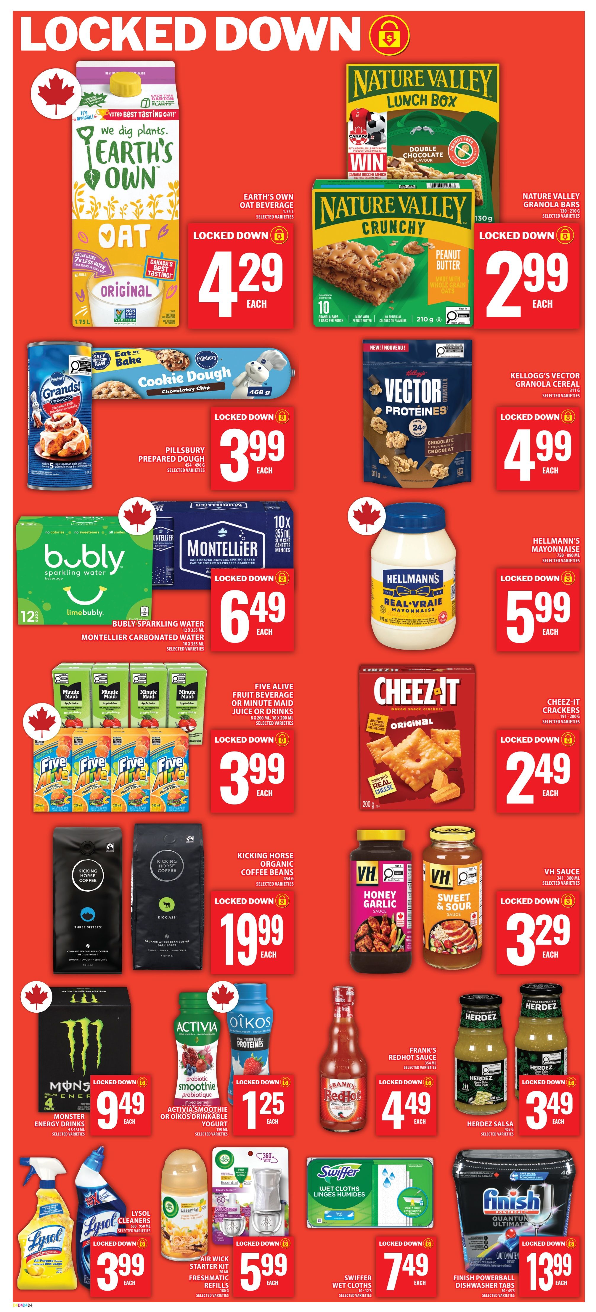 Food Basics weekly flyer specials on page 11 features 'Locked Down' deals. Highlights include Earth's Own Oat Beverage for $4.29, Nature Valley Crunchy Granola Bars for $2.99, and Pillsbury Prepared Dough for $3.99. Also featured are Bubly Sparkling Water and Montellier Carbonated Water for $6.49, and Five Alive Fruit Beverage or Minute Maid Juice or Drinks for $3.99. Coffee lovers can find Kicking Horse Organic Coffee Beans for $19.99. Other deals include Kellogg's Vector Granola Cereal for $4.99, Hellmann's Mayonnaise for $5.99, Cheez-It Crackers for $2.49, VH Sauce in Honey Garlic or Sweet & Sour for $3.29, and Herdez Salsa for $3.49. Monster Energy Drinks (4-pack) are $9.49, and Activia Smoothie or Oikos Drinkable Yogurt is $1.25. Frank's RedHot Sauce is $4.49. Cleaning supplies include Lysol All-Purpose Cleaners for $3.99, Air Wick Starter Kit or Freshmatic Refills for $5.99, and Swiffer Wet Cloths for $7.49. Finish Powerball Dishwasher Tabs are $13.99.