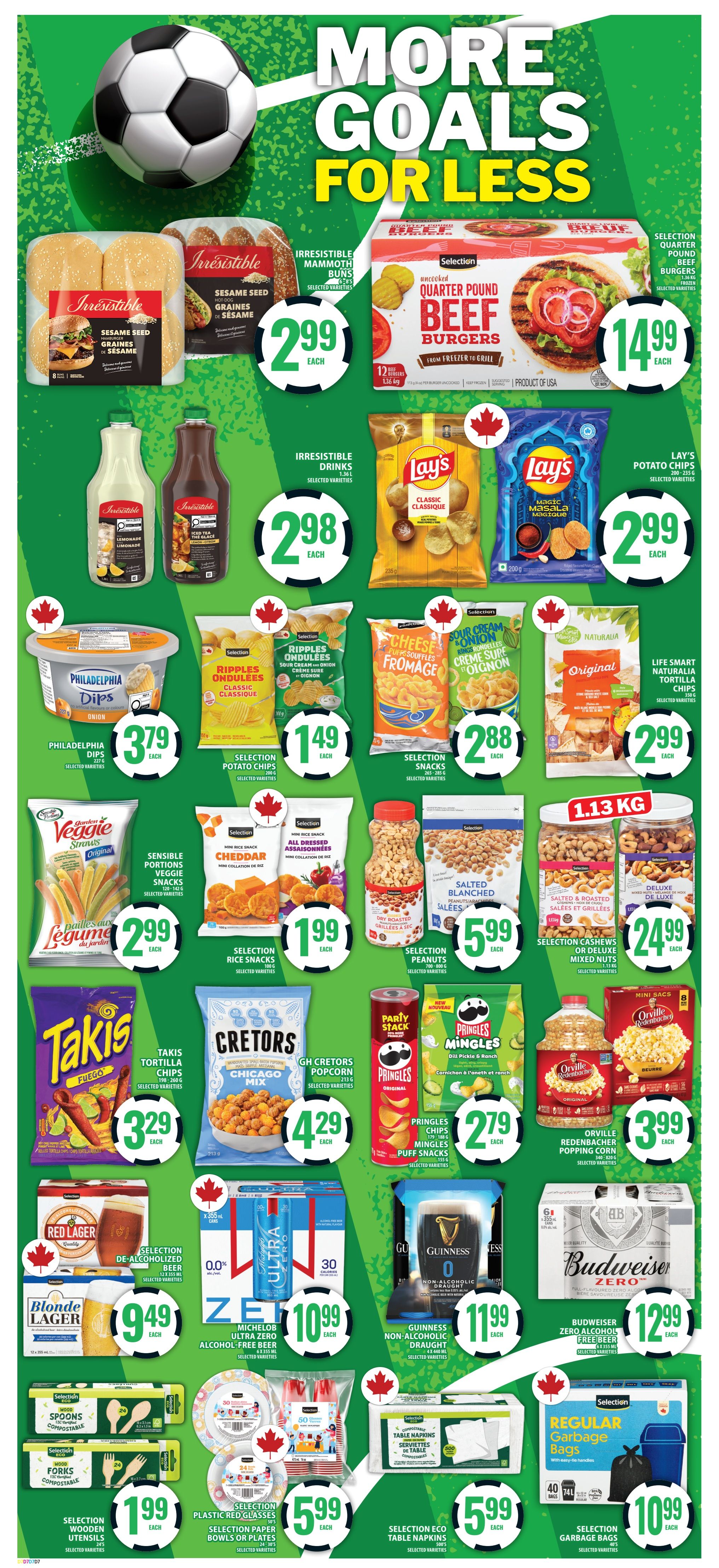 Food Basics weekly flyer specials page 14 features a 'More Goals For Less' theme. Highlights include Irresistible Mammoth Buns for $2.99, Selection Quarter Pound Beef Burgers for $14.99, and Irresistible Drinks (Lemonade and Iced Tea) for $2.98. Snack options include Lay's Potato Chips in Classic and Magic Masala for $2.99 each, Philadelphia Dips for $3.79, Selection Ripples Potato Chips for $1.49, Selection Cheese Snacks for $2.88, and Naturalla Original Tortilla Chips for $2.99. Other snacks featured are Sensible Portions Veggie Straws for $2.99, Selection Rice Snacks for $1.99, Selection Salted Blanched Peanuts for $5.99, and Selection Cashews or Deluxe Mixed Nuts for $24.99. Takis Tortilla Chips are $3.29, and GH Cretors Popcorn (Chicago Mix) is $4.29. Pringles Chips, Mingles, and Puff Snacks are $2.79, and Orville Redenbacher Popping Corn is $3.99. Beverage deals include Selection Red Lager for $9.49, Michelob Ultra Zero Alcohol-Free Beer (30 cans) for $10.99, Guinness Non-Alcoholic Draught for $11.99, and Budweiser Zero Alcohol-Free Beer for $12.99. Party supplies include Selection Wooden Utensils for $1.99, Selection Plastic Glasses or Paper Bowls/Plates for $5.99, Selection Eco Table Napkins for $5.99, and Selection Regular Garbage Bags for $10.99.