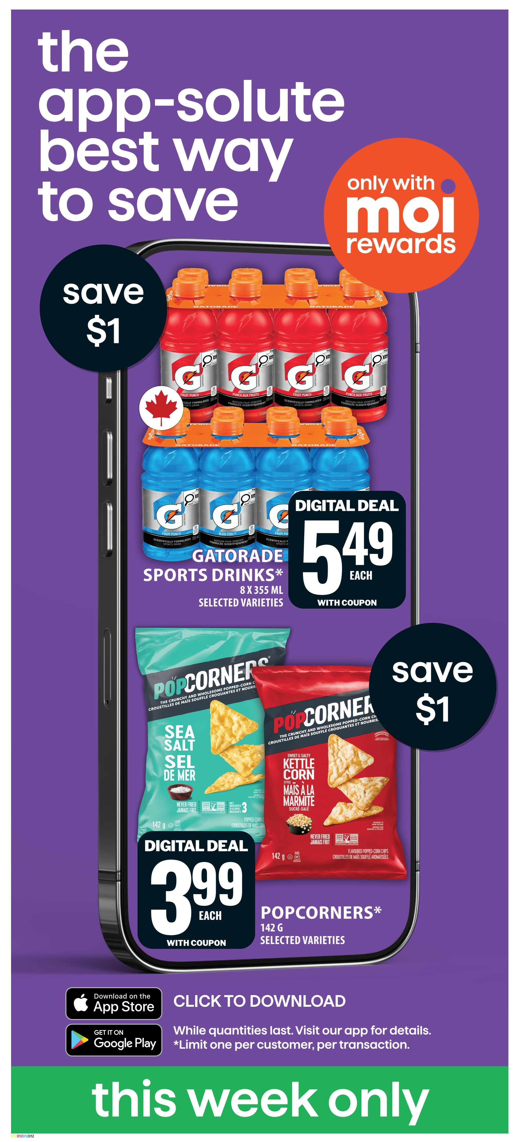 Food Basics flyer page featuring digital deals for Moi Rewards members. Save $1 on Gatorade Sports Drinks, 8 x 355 mL, selected varieties, for $5.49 each with coupon. Also save $1 on Popcorners, 142 g, selected varieties, for $3.99 each with coupon. The page highlights 'the app-solute best way to save' and encourages downloading the app via the App Store or Google Play. Offers are valid 'this week only' while quantities last, with a limit of one per customer per transaction.