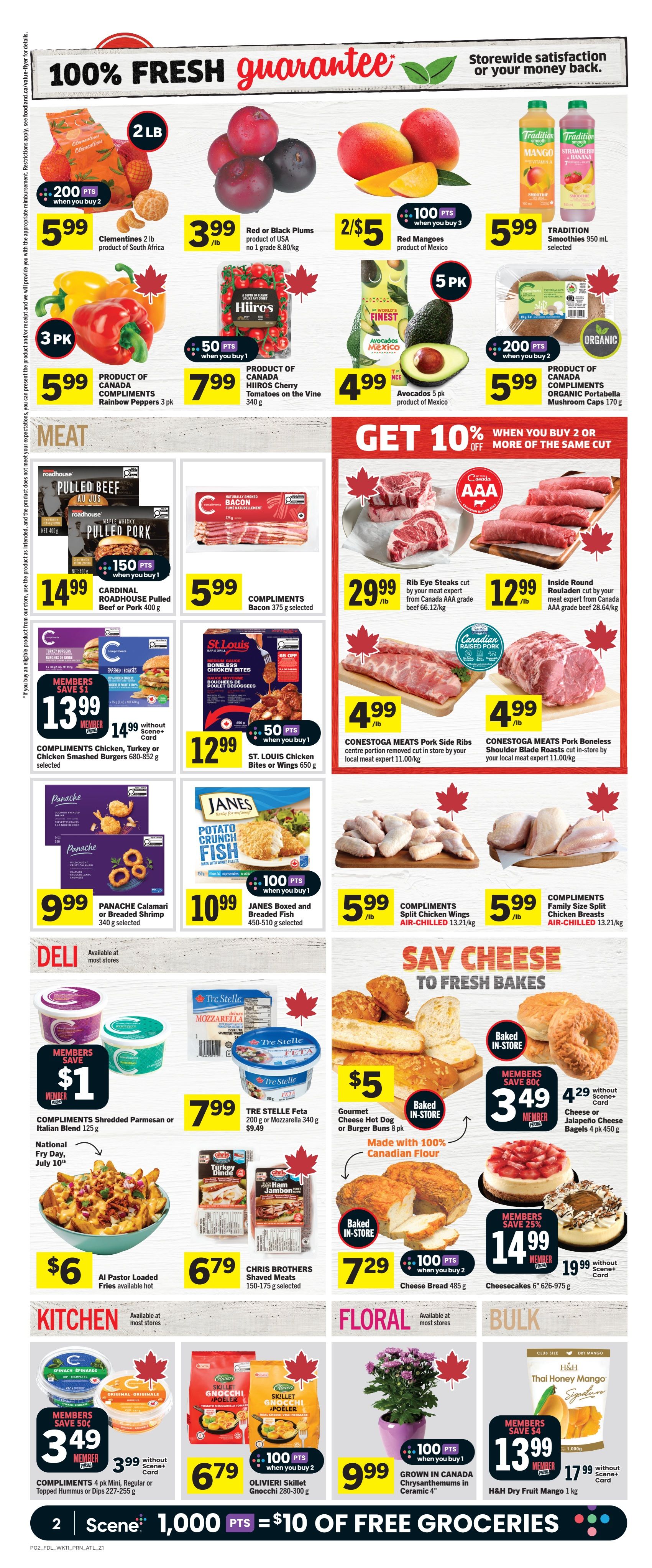 Foodland flyer page 3 featuring fresh produce including Clementines 2 lb for $5.99, Red or Black Plums for $3.99/lb, Red Mangoes 2/$5, and Tradition Smoothies 950 mL for $5.99. Meat specials include Pulled Beef or Pork for $14.99, Compliments Bacon for $5.99, Rib Eye Steaks for $29.99/lb, Inside Round Rouladen for $12.99/lb, Compliments Chicken Smashed Burgers for $13.99 (member price), St. Louis Chicken Bites or Wings for $12.99, Conestoga Meats Pork Side Ribs for $4.99/lb, and Conestoga Meats Pork Boneless Shoulder Blade Roasts for $4.99/lb. Other items include Compliments Rainbow Peppers 3 pk for $5.99, Hiros Cherry Tomatoes on the Vine for $7.99, Avocados 5 pk for $4.99, Compliments Organic Portabella Mushroom Caps 170 g for $5.99, Panache Calamari or Breaded Shrimp for $9.99, Janes Boxed and Breaded Fish for $10.99, Compliments Split Chicken Wings for $5.99/lb, and Compliments Family Size Split Chicken Breasts for $5.99/lb. Deli items include Compliments Shredded Parmesan or Italian Blend for $7.99 (members save $1), and Tre Stelle Feta or Mozzarella for $7.99. Baked goods include Gourmet Cheese Hot Dog or Burger Buns 8 pk for $5, and Cheesecakes for $14.99 (member price). Kitchen items include Al Pastor Loaded Fries for $6, Chris Brothers Shaved Meats for $6.79, and Olivieri Skillet Gnocchi for $6.79. Floral features Grown in Canada Chrysanthemums in Ceramic 4' for $9.99. Bulk items include H&H Thai Honey Mango for $13.99 (member price) and H&H Dry Fruit Mango 1 kg for $17.99. The flyer also highlights 1,000 Scene points equals $10 of free groceries.