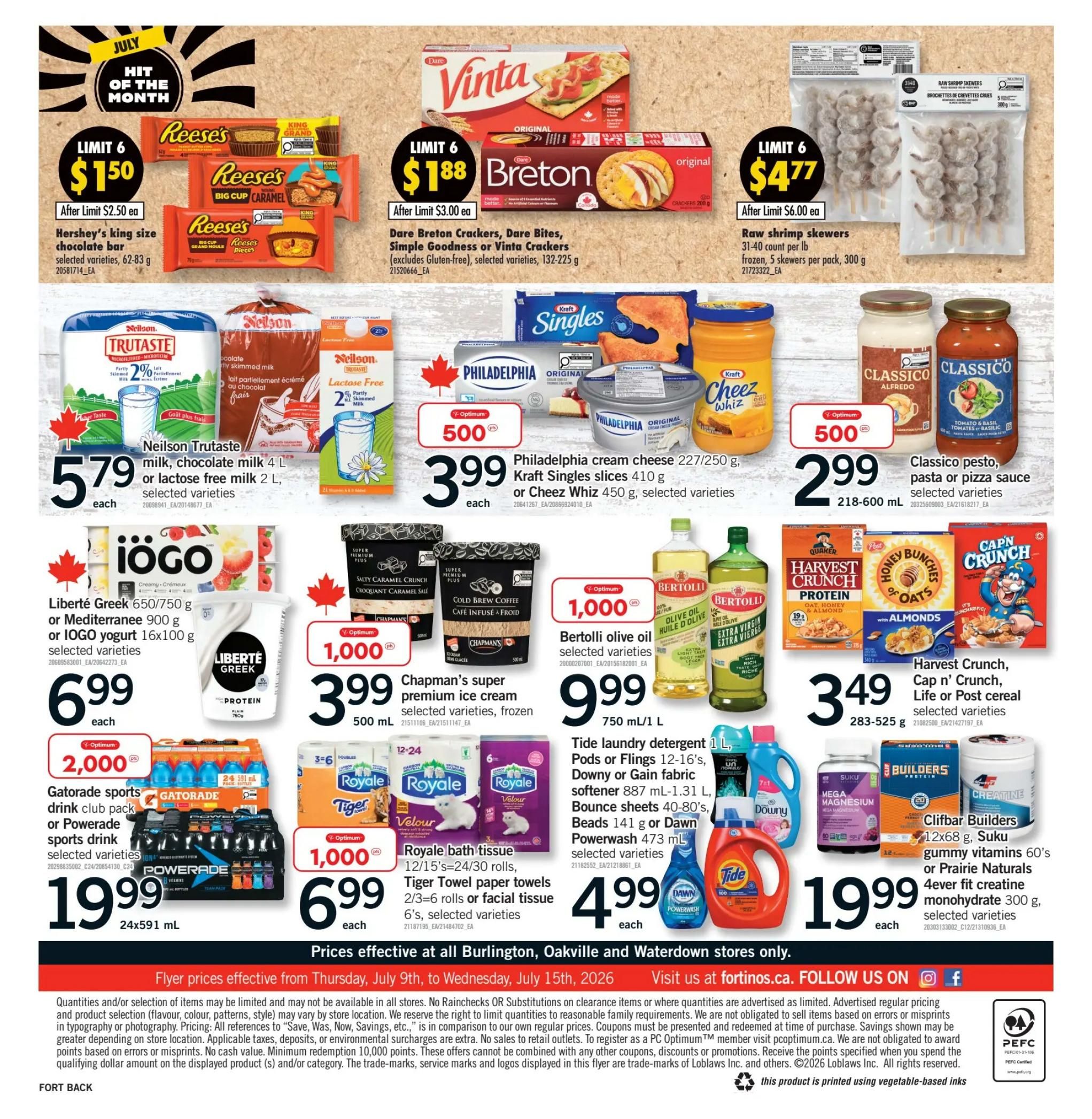 Fortinos weekly flyer specials, page 2. Featured items include Hershey's King Size chocolate bars for $1.50 each (limit 6), Dare Breton Crackers, Dare Bites, Simple Goodness or Vinta Crackers for $1.88 each (limit 6), and Raw shrimp skewers for $4.77 each (limit 6). Also on sale are Neilson Trutaste milk or lactose-free milk for $5.79 each, Liberté Greek or iOGO yogurt for $6.99 each, Philadelphia cream cheese, Kraft Singles, or Cheez Whiz for $3.99 each, and Classico pesto, pasta or pizza sauce for $2.99 each. Chapman's super premium ice cream is $3.99 for 500 ml. Bertolli olive oil is $9.99 for 750 ml/1 L. Harvest Crunch, Cap'n Crunch, Life or Post cereal is $3.49 each. Gatorade sports drink club pack or Powerade sports drink is $19.99 for a 24x591 mL pack. Royale bath tissue or Tiger Towel paper towels are $6.99 each. Tide laundry detergent, Downy or Gain fabric softener, or Dawn Powerwash are $4.99 each. Clifbar Builders, Suku gummy vitamins, or Prairie Naturals 4ever fit creatine monohydrate are $19.99 each. Prices effective July 9th to July 15th, 2026.