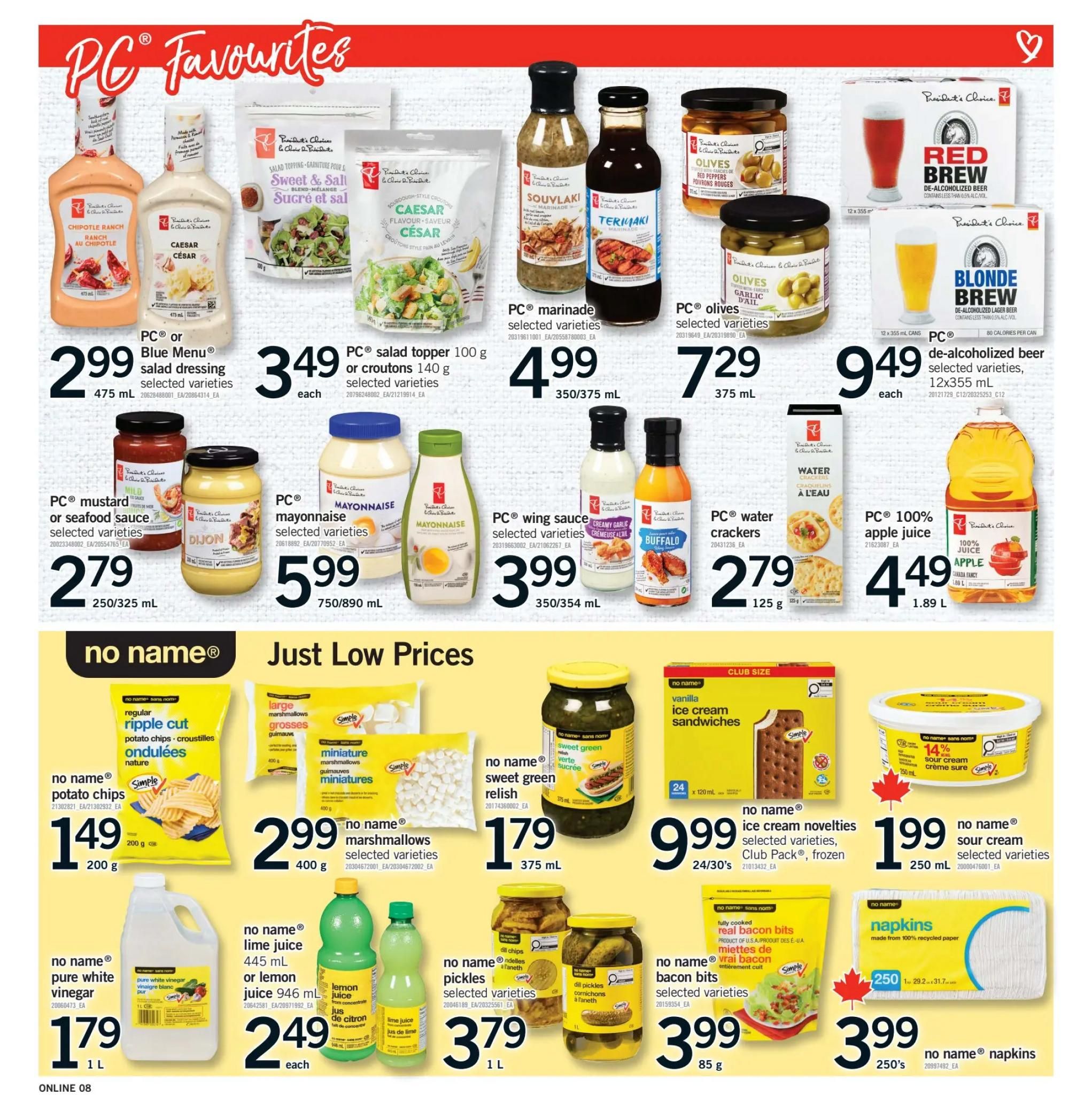 Fortinos weekly flyer specials page 8 features PC Favourites including PC or Blue Menu salad dressing for $2.99, PC salad topper for $3.49, PC marinades for $4.99, PC olives for $7.29, PC mustard or seafood sauce for $2.79, PC mayonnaise for $5.99, PC wing sauce for $3.99, PC water crackers for $2.79, PC 100% apple juice for $4.49, and PC de-alcoholized beer for $9.49. The page also highlights Just Low Prices from no name brand: no name potato chips for $1.49, no name marshmallows for $2.99, no name sweet green relish for $1.79, no name pickles for $3.79, no name bacon bits for $3.99, no name pure white vinegar for $1.79, no name lime juice or lemon juice for $2.49, no name ice cream novelties for $9.99, no name sour cream for $1.99, and no name napkins for $3.99.