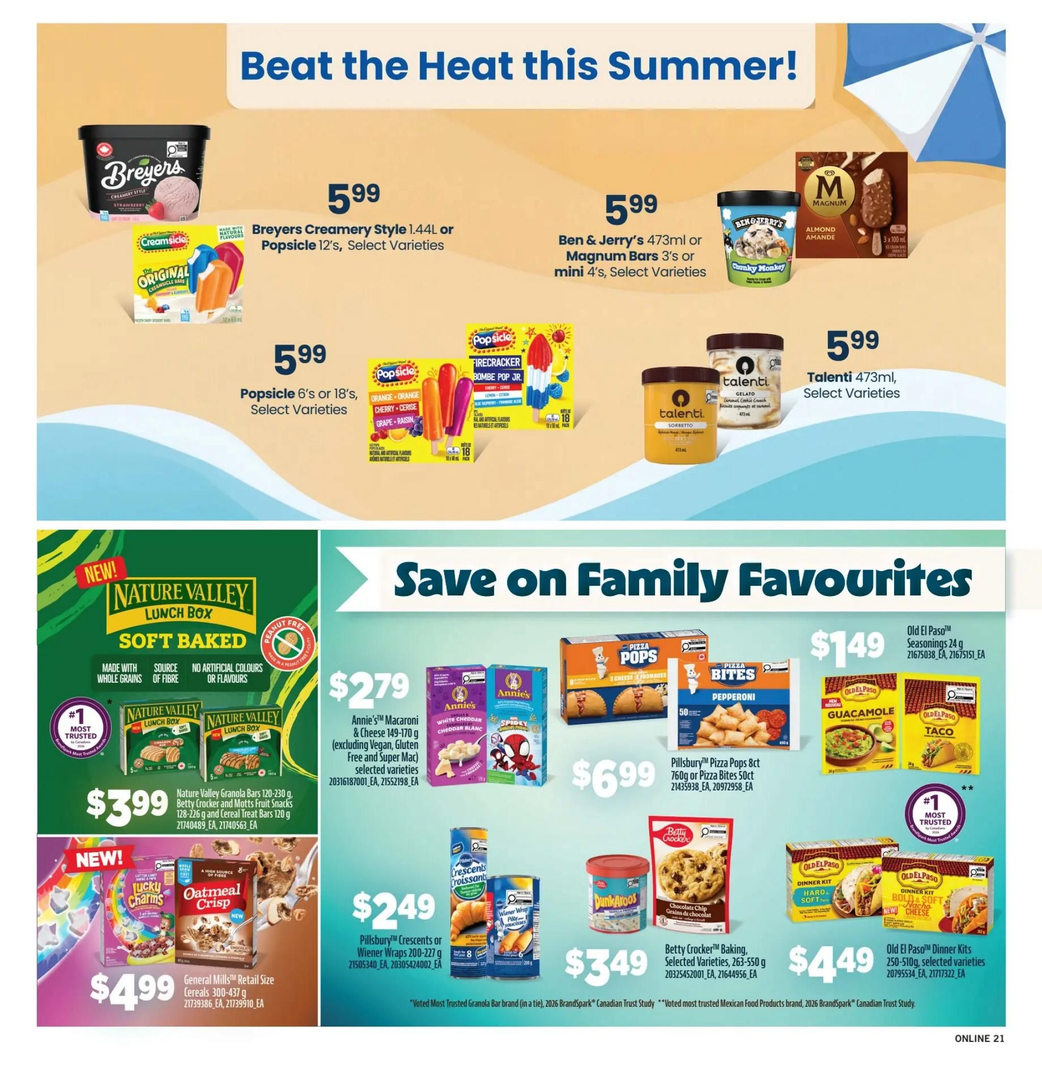 Fortinos weekly flyer specials page 20 features a 'Beat the Heat this Summer!' section with Breyers Creamery Style 1.44L or Popsicle 12's for $5.99, Ben & Jerry's 473ml or Magnum Bars 3's or mini 4's for $5.99, and Talenti 473ml for $5.99. The 'Save on Family Favourites' section includes Nature Valley Lunch Box Soft Baked Granola Bars 120-230g for $3.99. Annie's Macaroni & Cheese 149-170g is $2.79. Pillsbury Pizza Pops 8ct or 50ct are $6.99. General Mills Retail Size Cereals 300-437g are $4.99. Pillsbury Crescents or Wiener Wraps 200-227g are $2.49. Betty Crocker Baking, Selected Varieties 263-550g is $3.49. Old El Paso Dinner Kits 250-510g are $4.49. Old El Paso Seasonings 24g are $1.49.