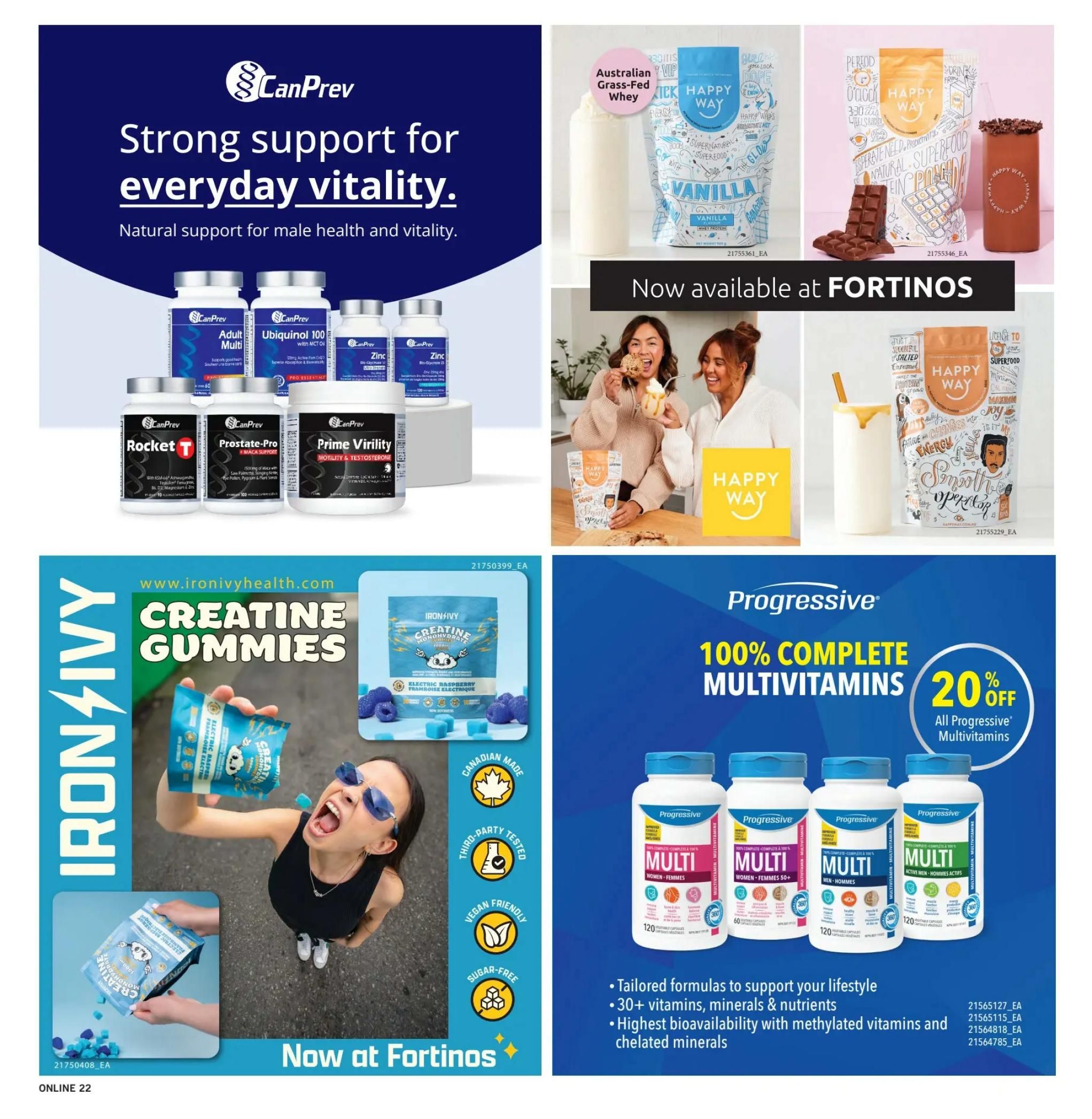 Fortinos weekly flyer specials page 21 features CanPrev supplements including Adult Multi, Ubiquinol 100, Zinc, Rocket T, Prostate-Pro, and Prime Virility. Also showcased are Happy Way Australian Grass-Fed Whey protein powders in Vanilla and other flavours, and Iron Ivy Creatine Gummies in Electric Raspberry. Progressive offers 20% off all Progressive Multivitamins, including Women, Women 50+, and Active Men formulas, highlighting tailored formulas with 30+ vitamins, minerals, and nutrients, and high bioavailability with methylated vitamins and chelated minerals.