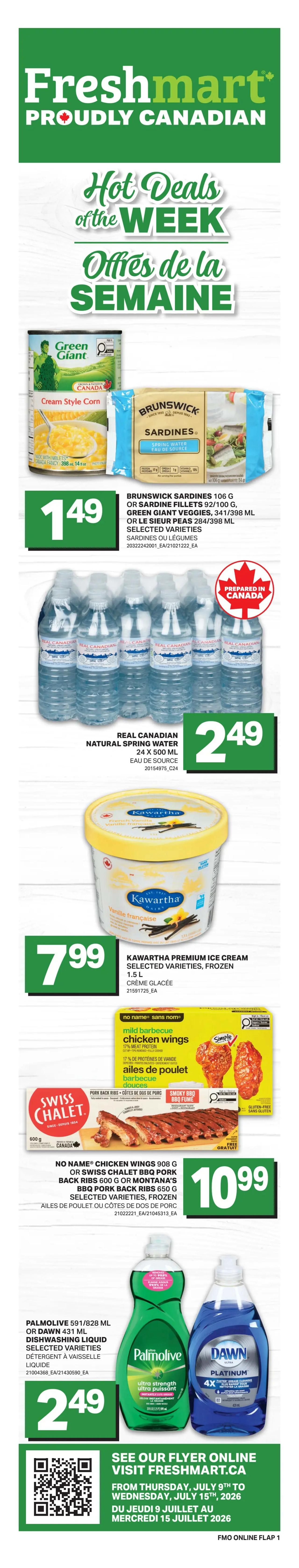 Freshmart weekly flyer specials page 2. Featuring Yellow Nectarines or Yellow Peaches from the U.S.A. for $2.99 per pound. Also, Swanson or Hungry-Man Dinners, Entrees, or Healthy Choice Simply Steamers frozen meals are on sale for $4.49 each, selected varieties, 280-455g. No Name Summer Sausage, Pepperoni or Salami Chub 500g, or Regular or Reduced Salt Bacon 375g, or Marcangelo Sausages 250/375g are available for $4.99 each, selected varieties. MadeGood Bars, Cookies, Mini's, Crispy Squares or Crunchy Squares are priced at $3.79, selected varieties, 120-150g. Finally, Ruffles, Doritos Chips or Cheetos Snacks are on special for $3.99, selected varieties, 180-285g.