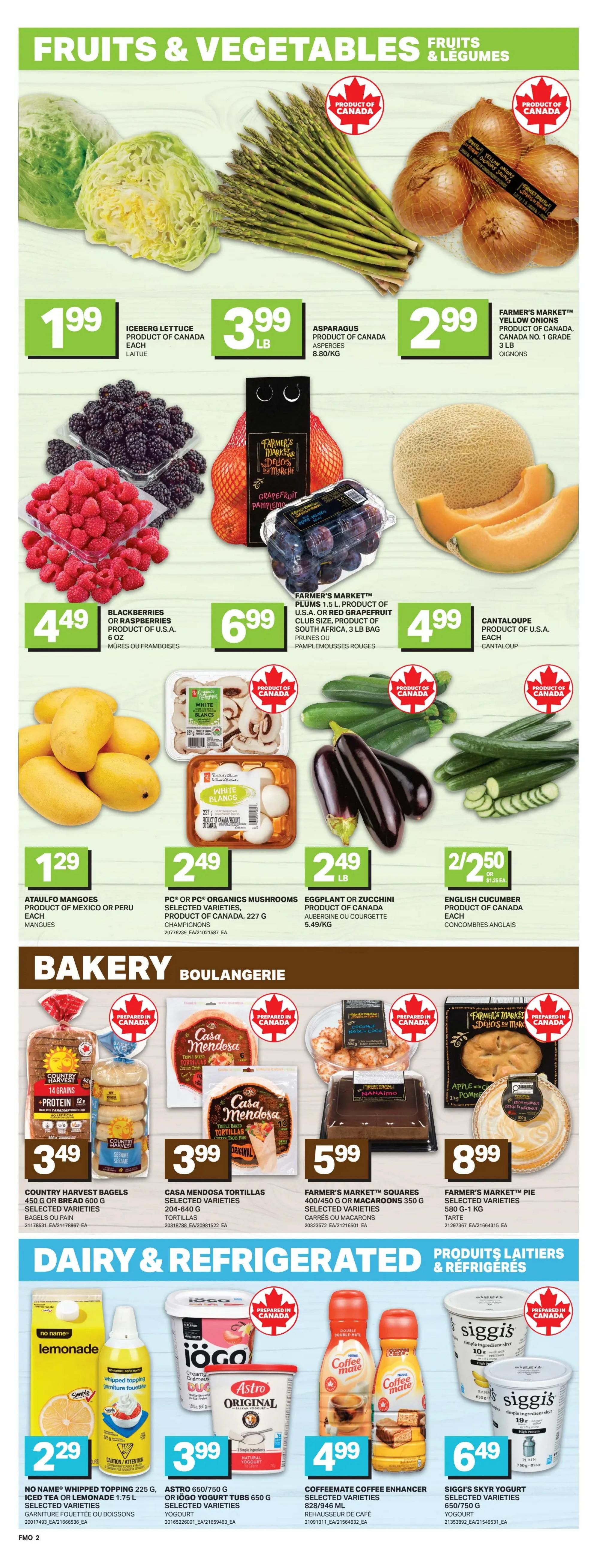 Freshmart weekly flyer specials page 5 features a variety of fruits and vegetables including Iceberg lettuce for $1.99 each, Asparagus for $3.99 per lb, and Farmer's Market Yellow Onions for $2.99 per 3 lb bag. Also available are Blackberries or Raspberries for $4.49, Farmer's Market Plums or Red Grapefruit for $6.99, and Cantaloupe for $4.99 each. Ataulfo Mangoes are $1.29 each, PC Organics Mushrooms are $2.49 per 227g package, Eggplant or Zucchini are $2.49 per lb, and English Cucumbers are 2 for $2.50. In the bakery section, Country Harvest Bagels are $3.49, Casa Mendosa Tortillas are $3.99, Farmer's Market Squares or Macaroons are $5.99, and Farmer's Market Pies are $8.99. The dairy and refrigerated section includes No Name Whipped Topping or Lemonade for $2.29, Astro or iögo Yogurt Tubs for $3.99, Coffeemate Coffee Enhancer for $4.99, and Siggi's Skyr Yogurt for $6.49.