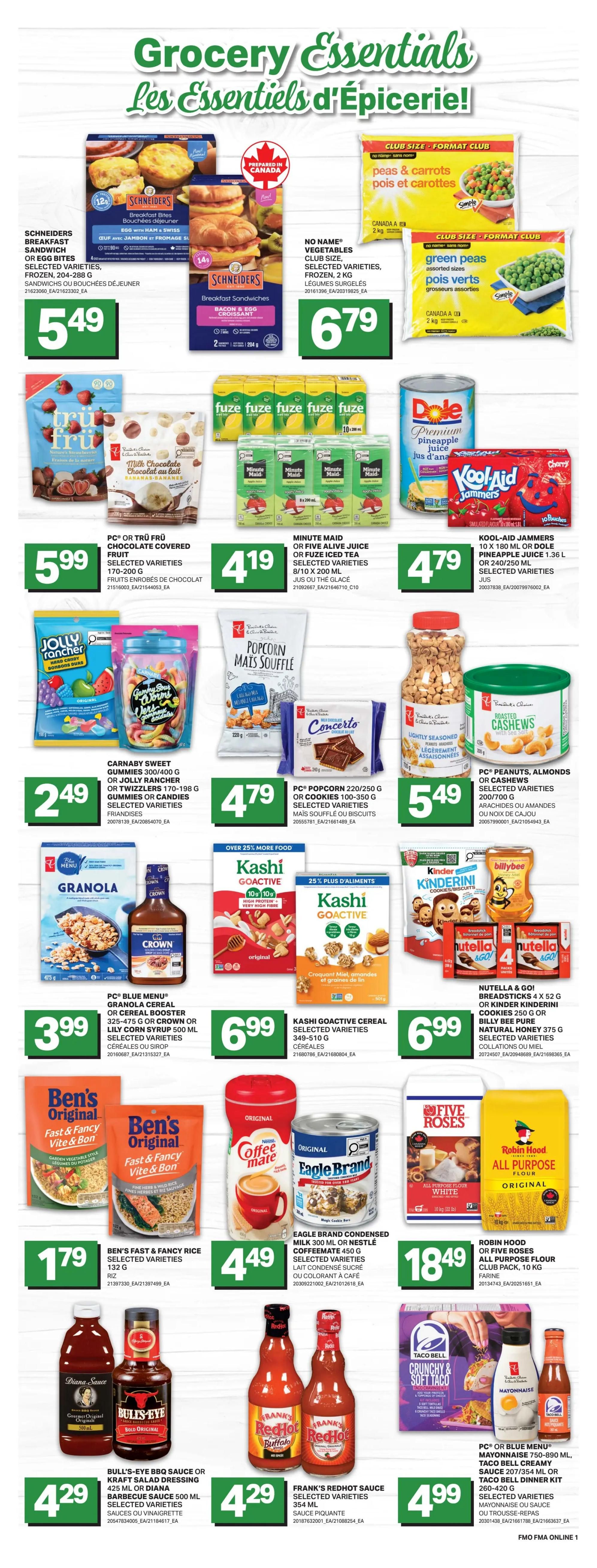 Freshmart weekly flyer specials page 7 features a variety of grocery items. Top row includes Schneiders Breakfast Sandwiches or Bites for $5.49, No Name Club Size Peas & Carrots or Green Peas for $6.79. Middle row showcases PC or Trü Frü Chocolate Covered Fruit for $5.99, Minute Maid Juice or Five Alive Iced Tea for $4.19, Kool-Aid Jammers or Dole Pineapple Juice for $4.79. Next row has Carnaby Sweet Gummies or Jolly Rancher Candies for $2.49, PC Popcorn or Concerto Cookies for $4.79, and PC Peanuts, Almonds or Cashews for $5.49. The following row features PC Blue Menu Granola Cereal or Crown/Lily Corn Syrup for $3.99, Kashi Go Lean Cereal for $6.99, and Nutella & Go! Breadsticks or Kinder Mini Chocolate Bars or Billy Bee Pure Natural Honey for $6.99. Bottom row includes Ben's Fast & Fancy Rice for $1.79, Eagle Brand Condensed Milk or Nestlé Coffee mate for $4.49, and Robin Hood All Purpose Flour or Five Roses Flour for $18.49. The last row displays Bull's-Eye BBQ Sauce or Kraft Salad Dressing for $4.29, Frank's RedHot Sauce for $4.29, and PC or Blue Menu Mayonnaise or Taco Bell Dinner Kit for $4.99.