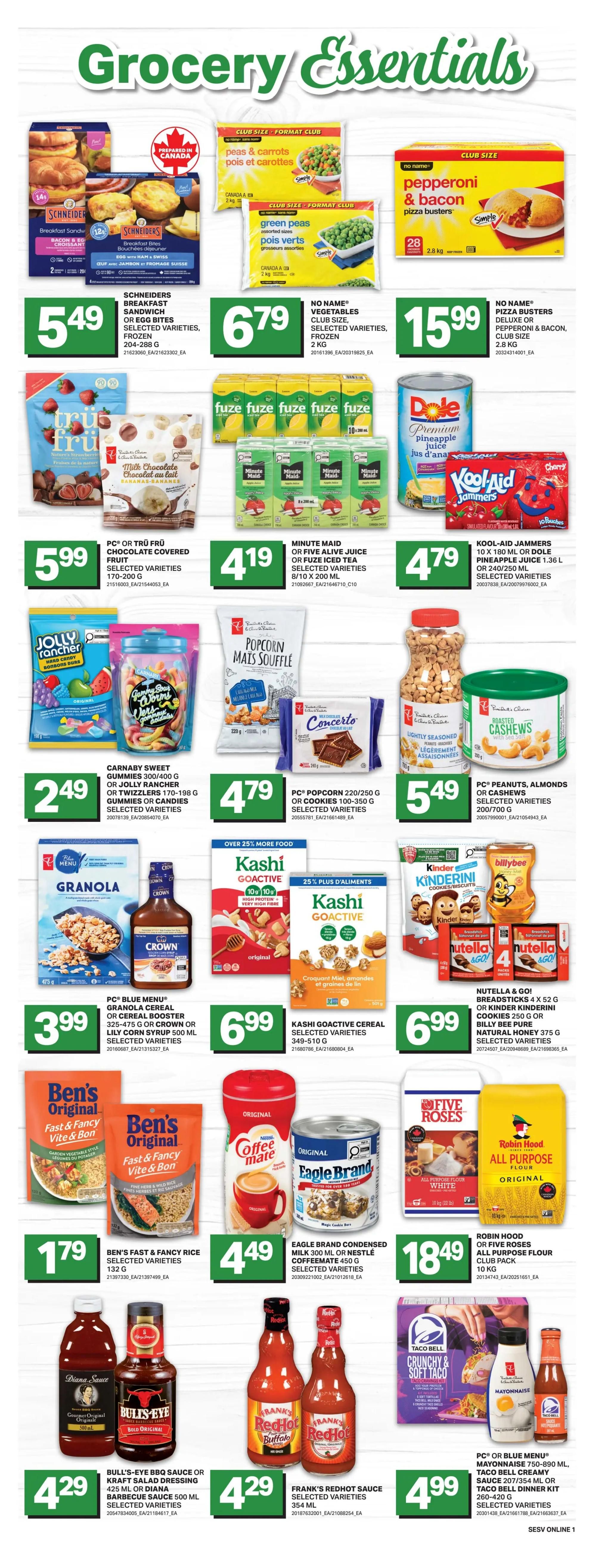 Freshmart Weekly Flyer Specials, Page 7. Featured grocery essentials include Schneider's Breakfast Sandwiches or Egg Bites for $5.49, No Name Club Size Vegetables for $6.79, and No Name Pepperoni & Bacon Pizza Busters for $15.99. Also available are PC or Trü Fruit Chocolate Covered Fruit for $5.99, Minute Maid or Five Alive Iced Tea for $4.19, and Kool-Aid Jammers or Dole Pineapple Juice for $4.79. Carnaby Sweet Gummies or Twizzlers are $2.49. PC Popcorn or Cookies are $4.79. PC Blue Menu Granola Cereal or Cereal Booster is $3.99. Kashi Go-Active Cereal is $6.99. Nutella & Go! Breadsticks or Kinder Mini Cookies are $6.99. Ben's Fast & Fancy Rice is $1.79. Eagle Brand Condensed Milk or Nestlé Coffee mate is $4.49. Robin Hood All Purpose Flour or Five Roses products are $18.49. Bull's-Eye BBQ Sauce or Kraft Salad Dressing is $4.29. Frank's Redhot Sauce is $4.29. PC or Blue Menu Mayonnaise, Taco Bell Creamy Sauce, or Taco Bell Dinner Kit are $4.99.